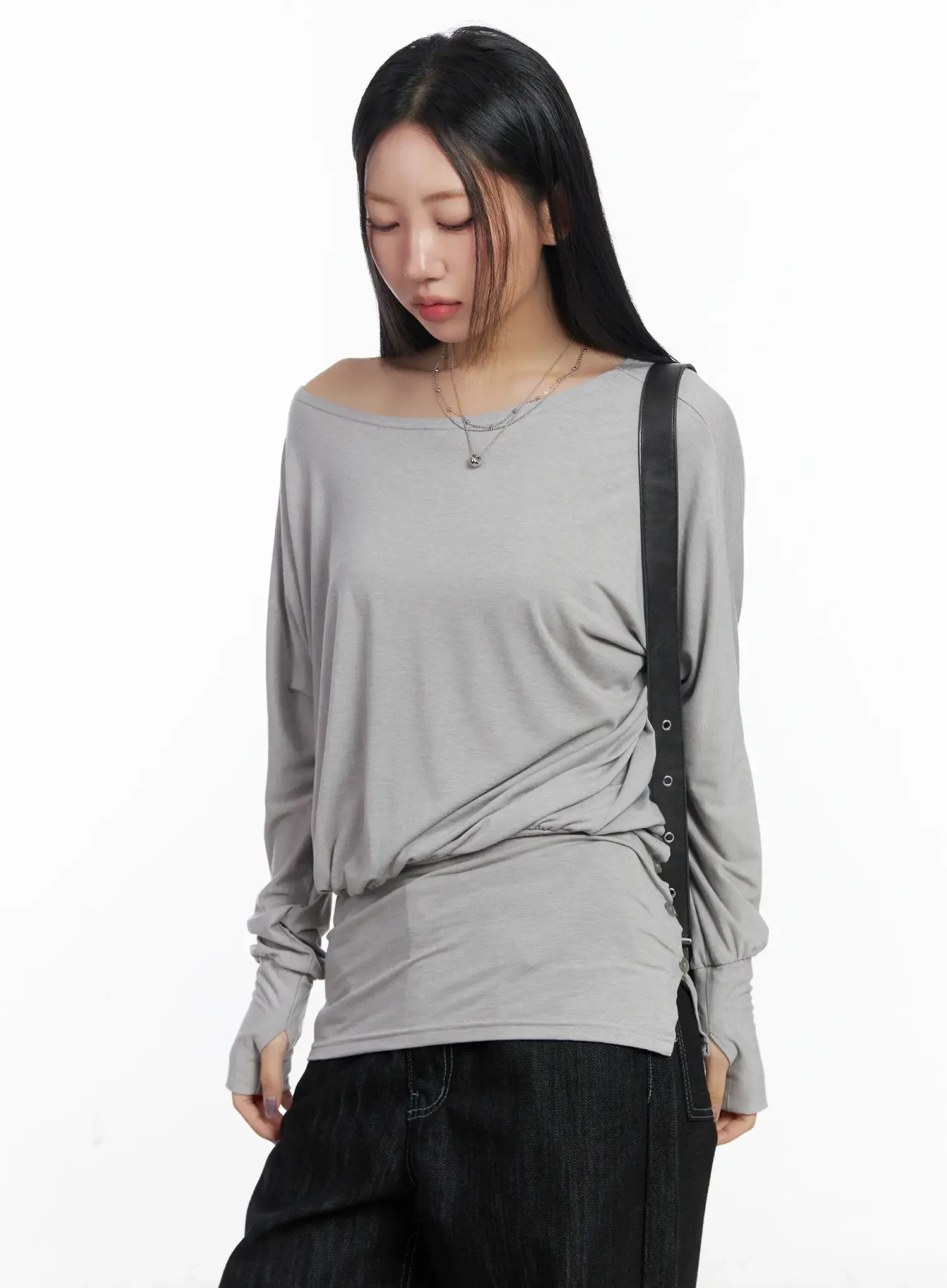Asymmetric Button-Detail Off-Shoulder Long Sleeve Top CJ530