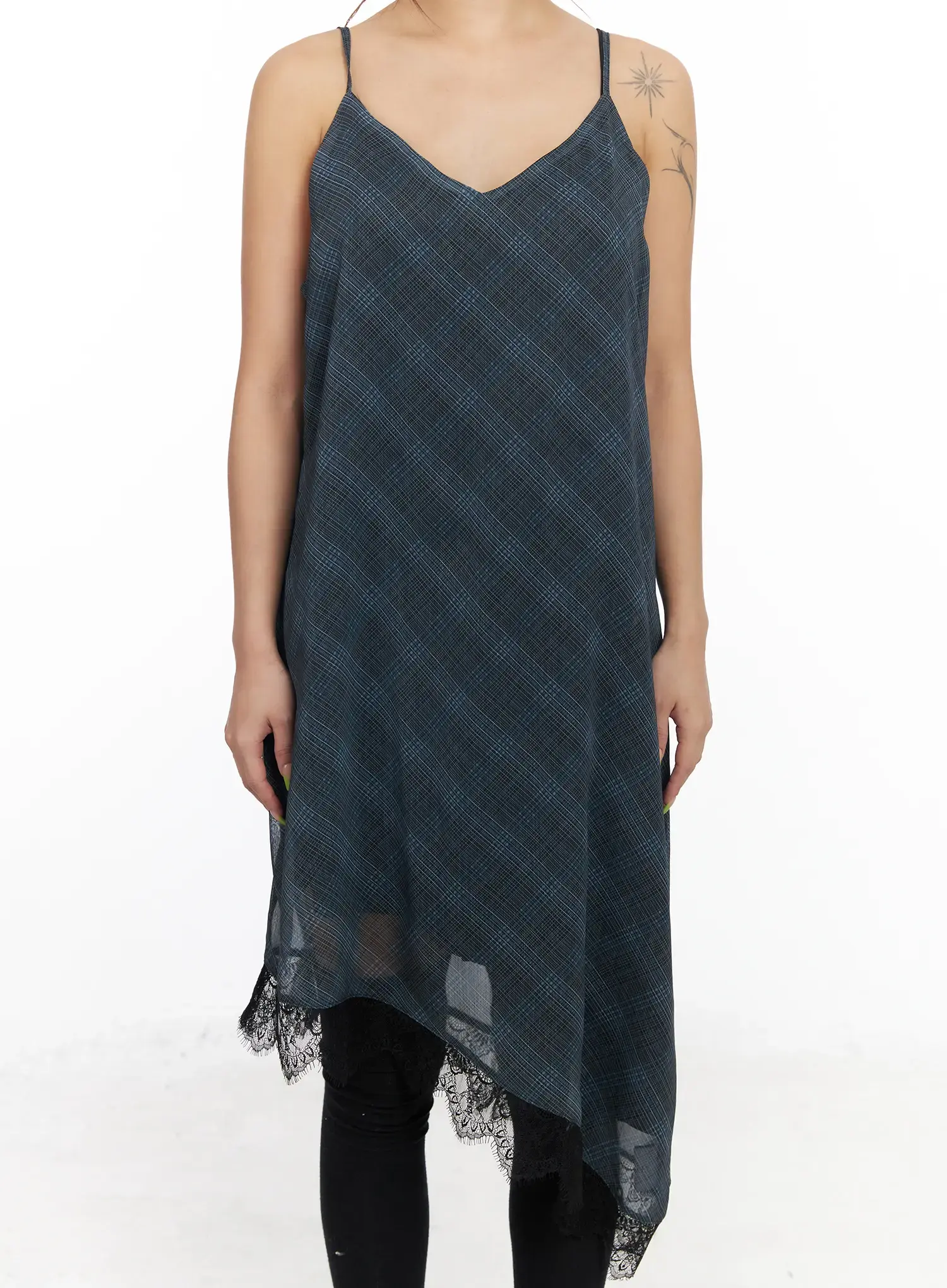 Asymmetric Lace-Trim Plaid Midi Dress CF511 - Image 4