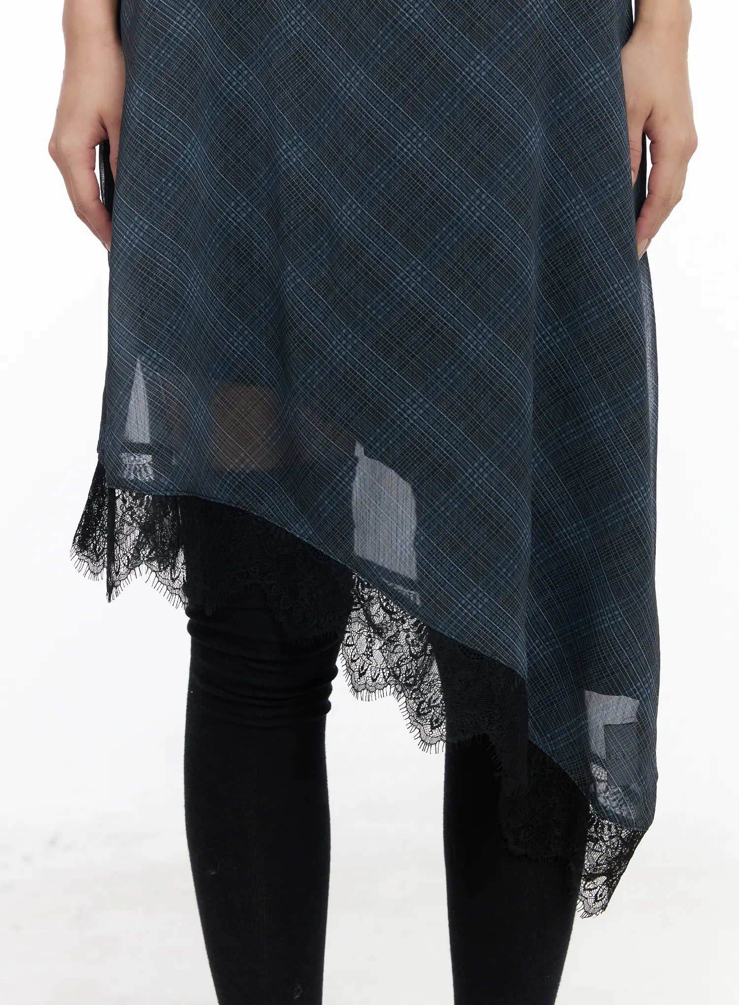 Asymmetric Lace-Trim Plaid Midi Dress CF511 - Image 5