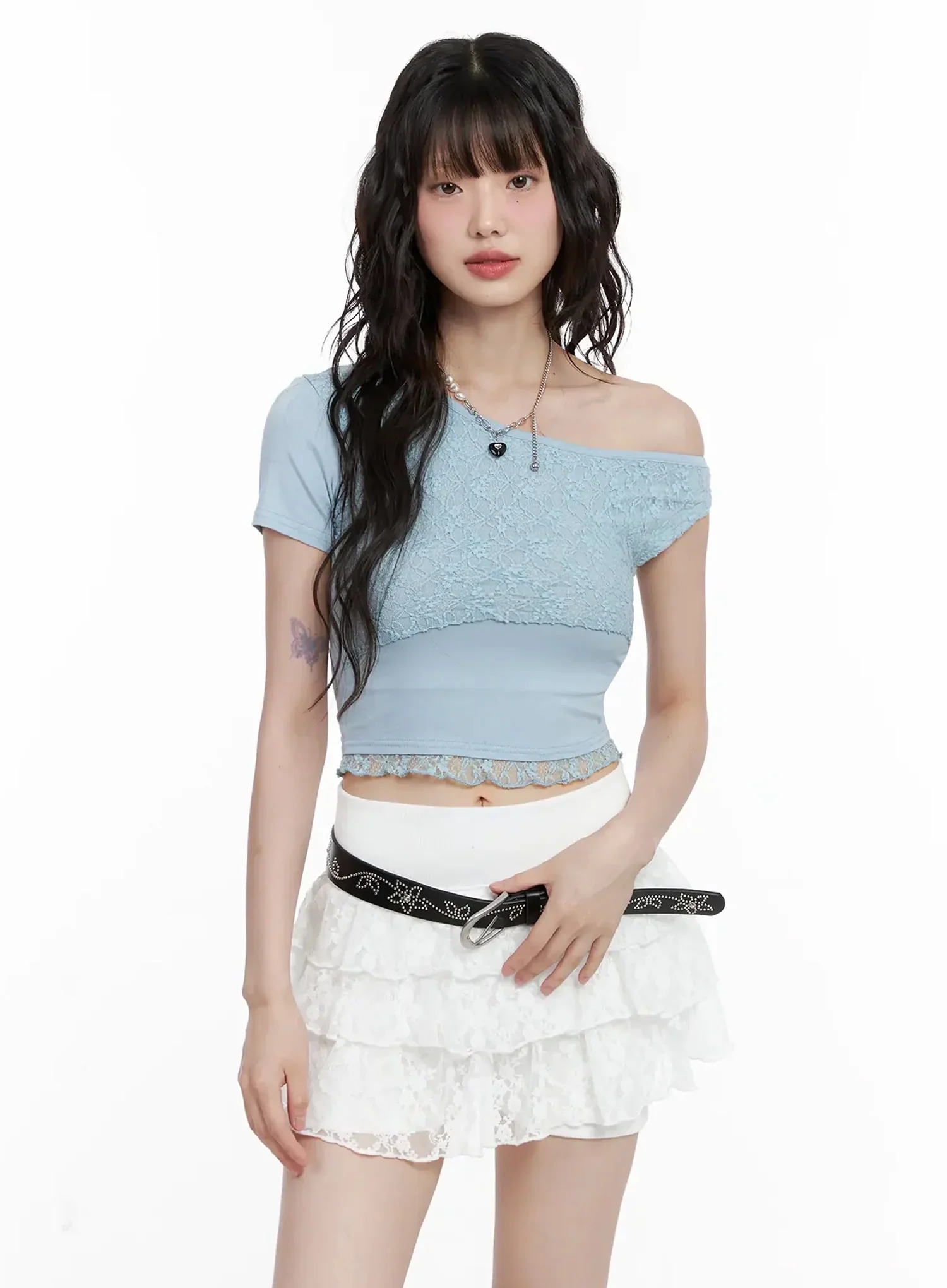 Asymmetric Off-Shoulder Lace-Trim Top IL531 - Image 10
