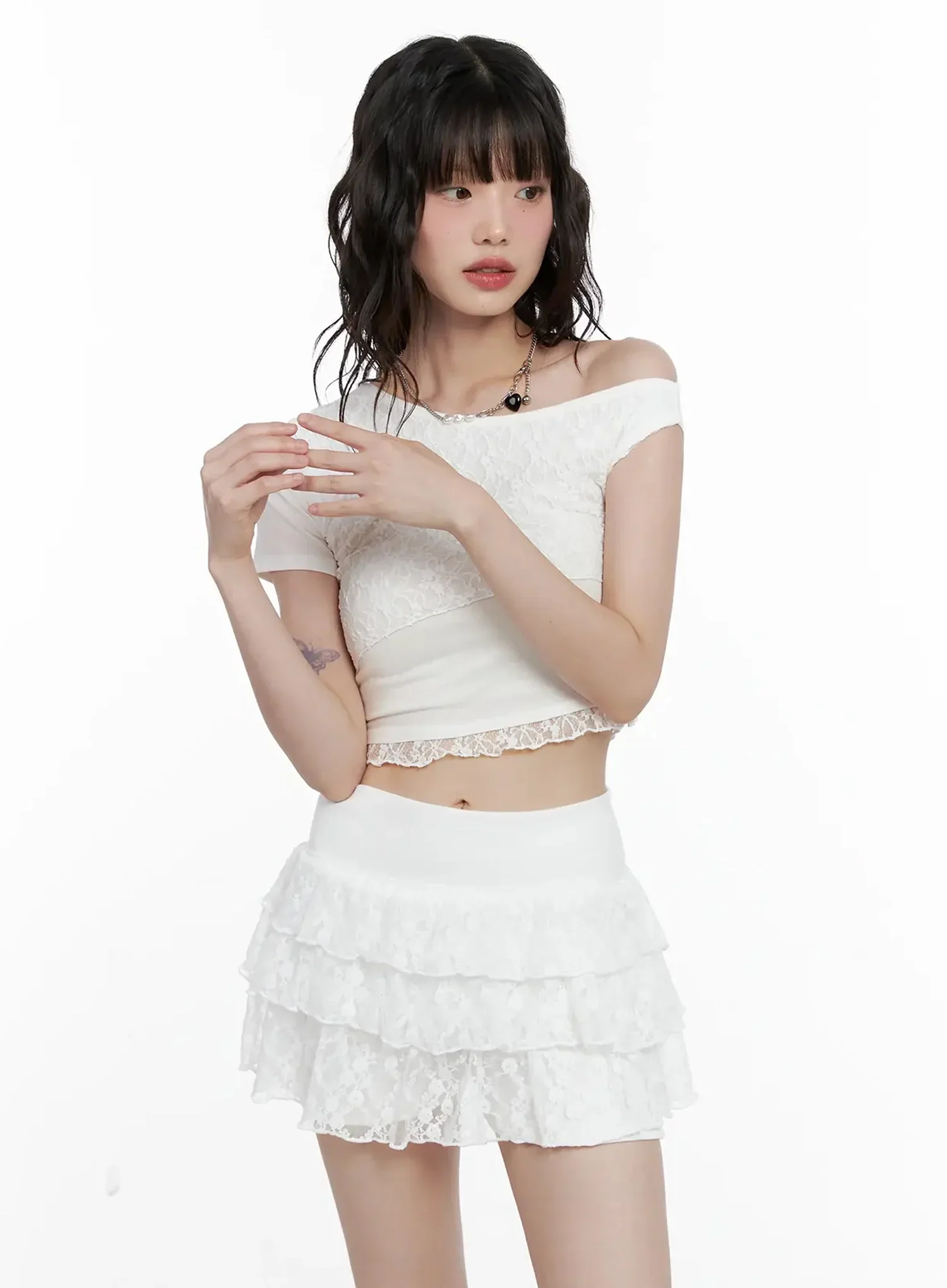 Asymmetric Off-Shoulder Lace-Trim Top IL531 - Image 15