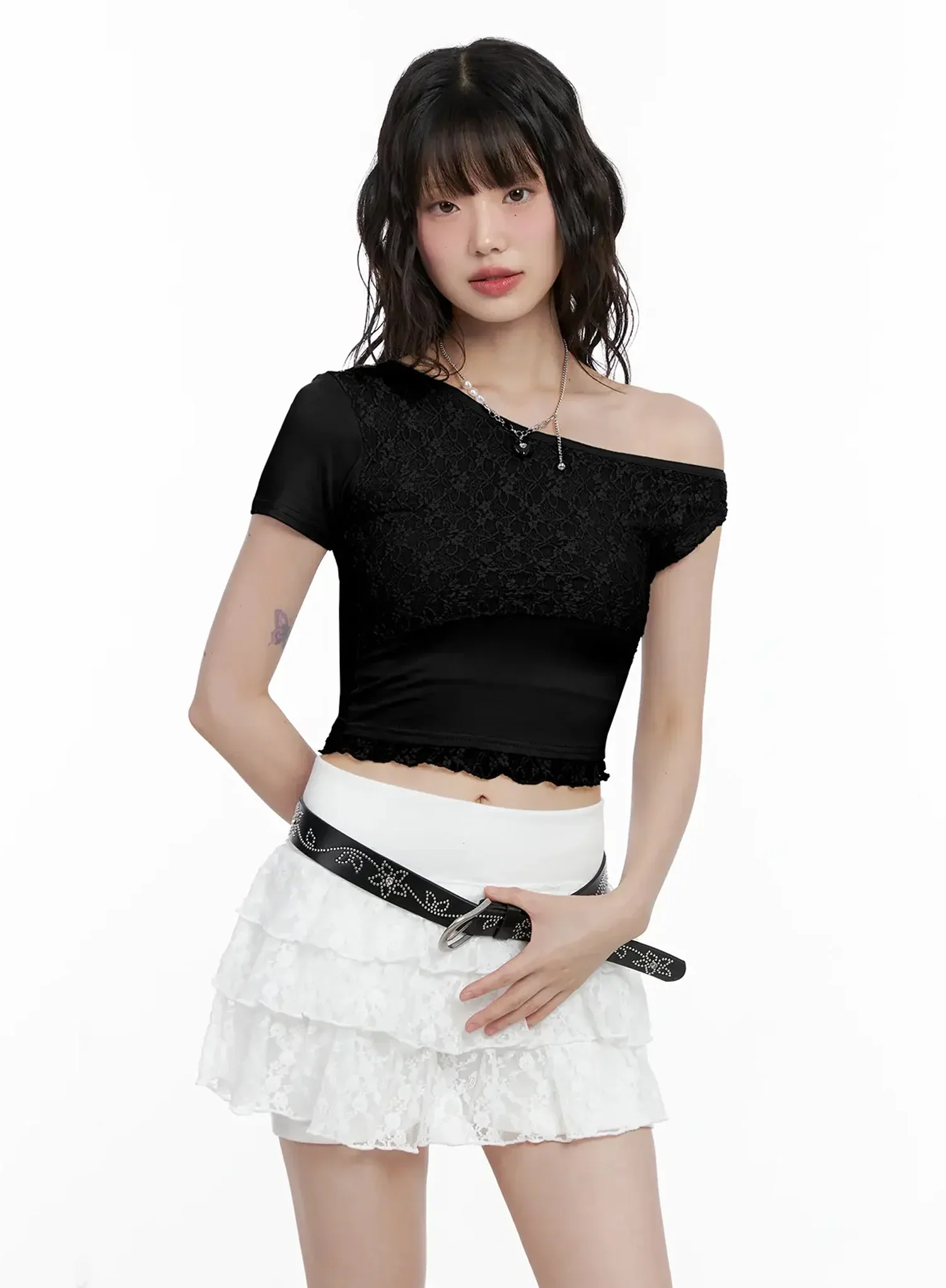 Asymmetric Off-Shoulder Lace-Trim Top IL531 - Image 17