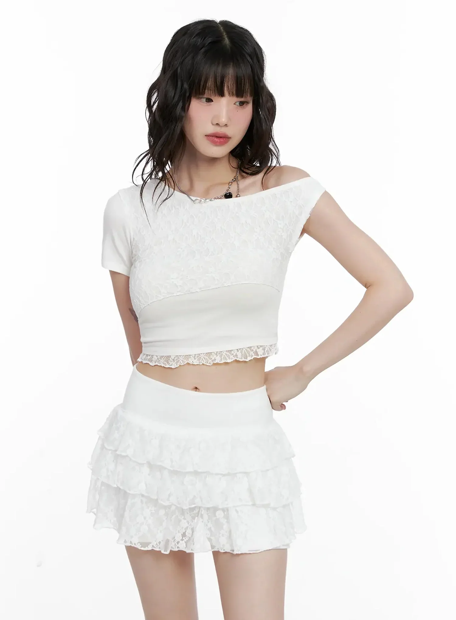 Asymmetric Off-Shoulder Lace-Trim Top IL531 - Image 7