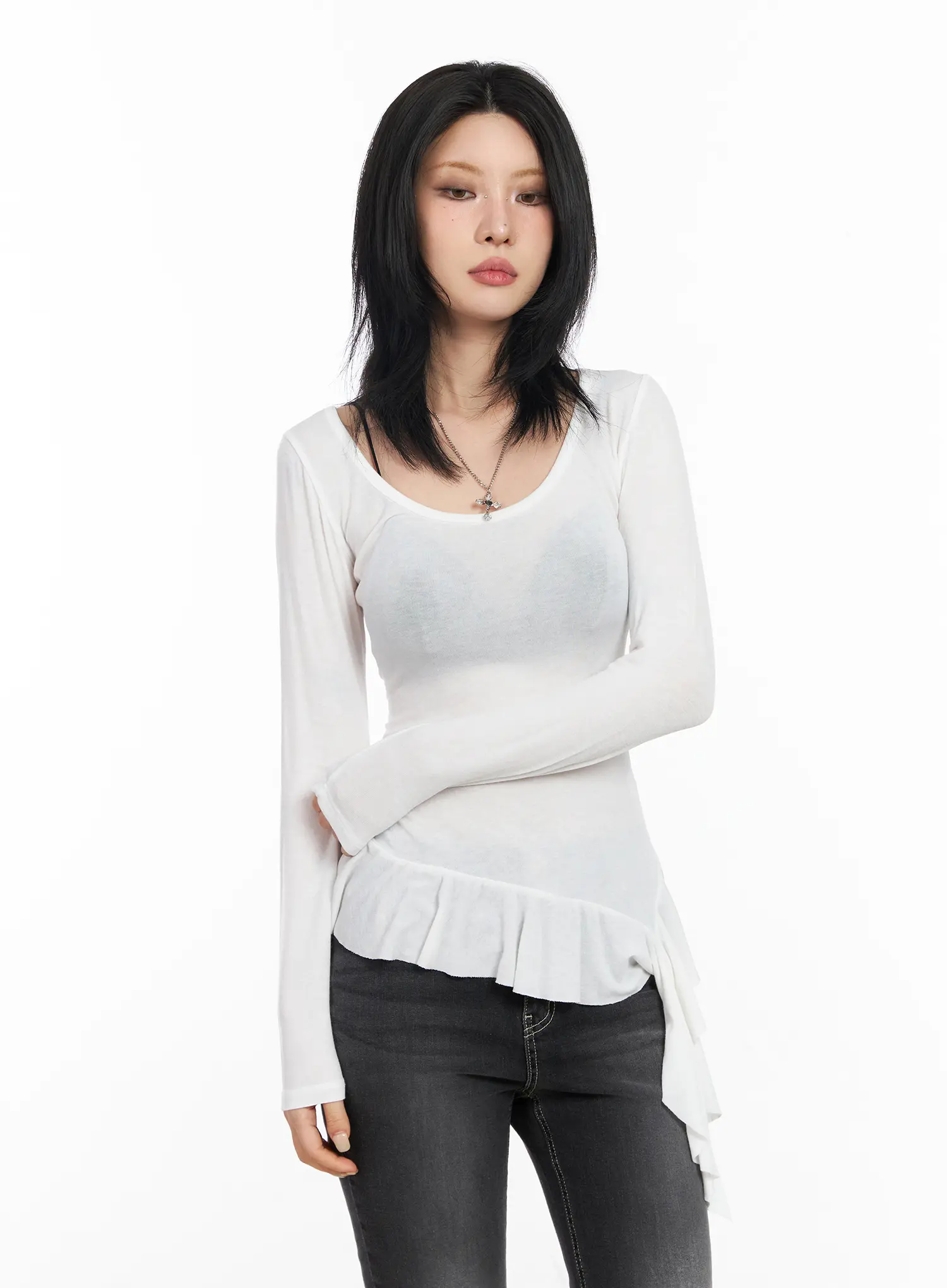 Asymmetric Ruffle Edge U-Neck Top CF527