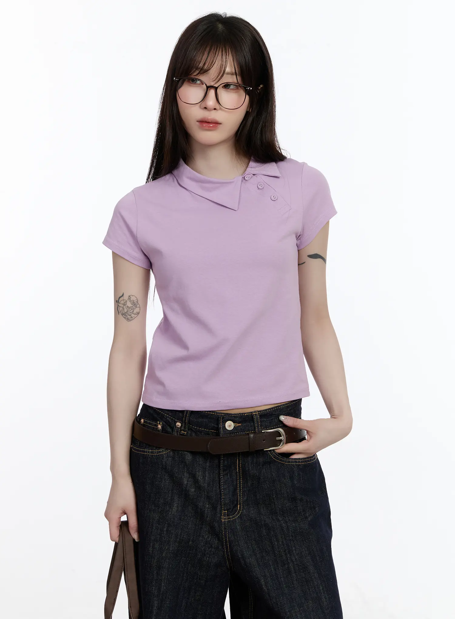 Asymmetrical Collar Short Sleeve Top CA501