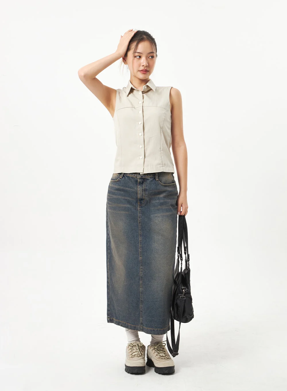 Back Slit Denim Maxi Skirt CD23 - Image 2