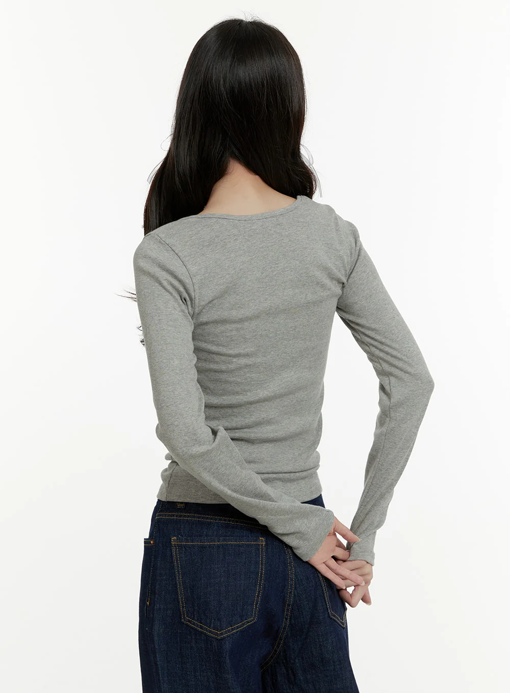 Basic Cotton U Neck Long Sleeve Tee OA405 - Image 3
