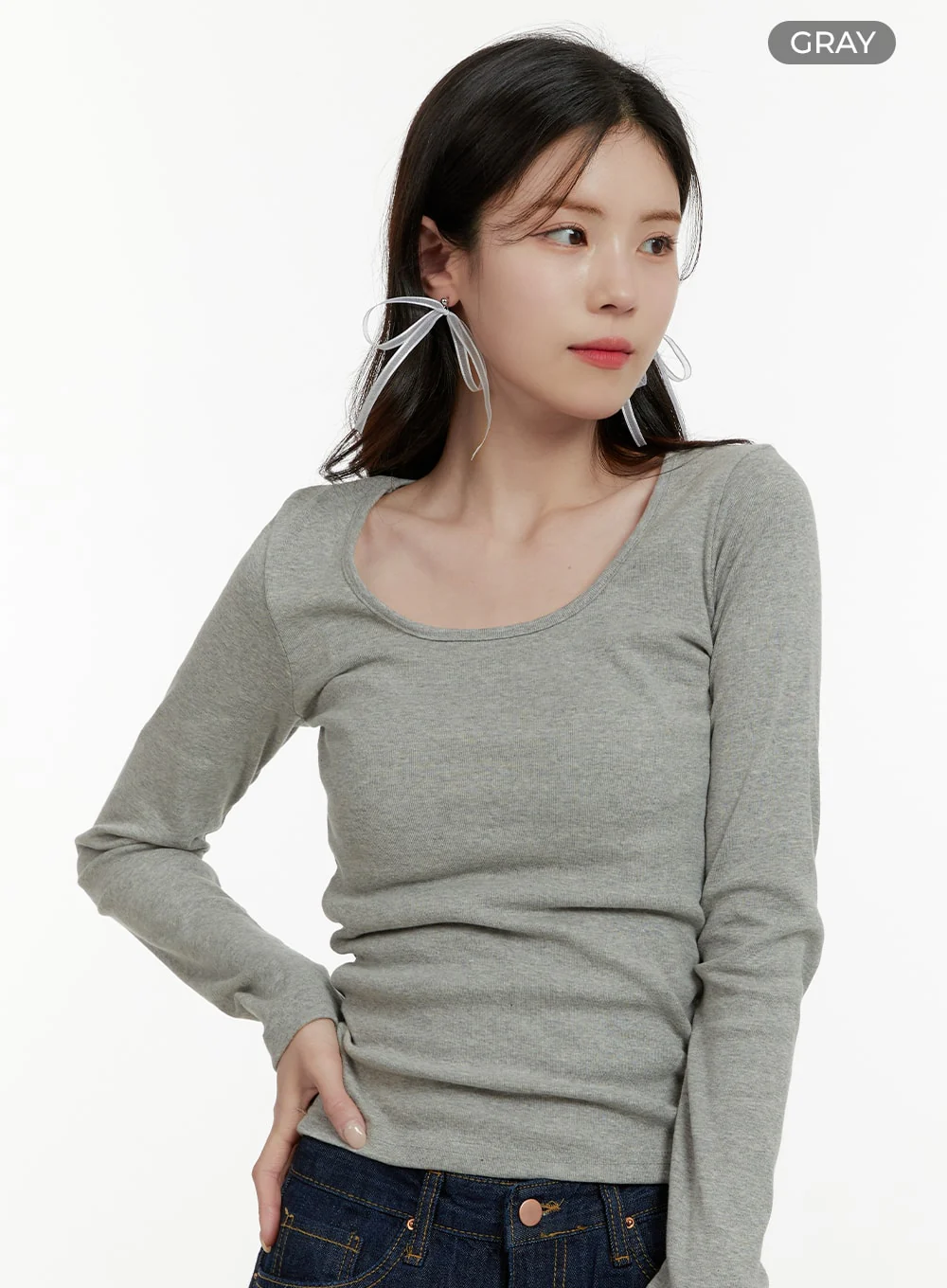 Basic Cotton U Neck Long Sleeve Tee OA405 - Image 5
