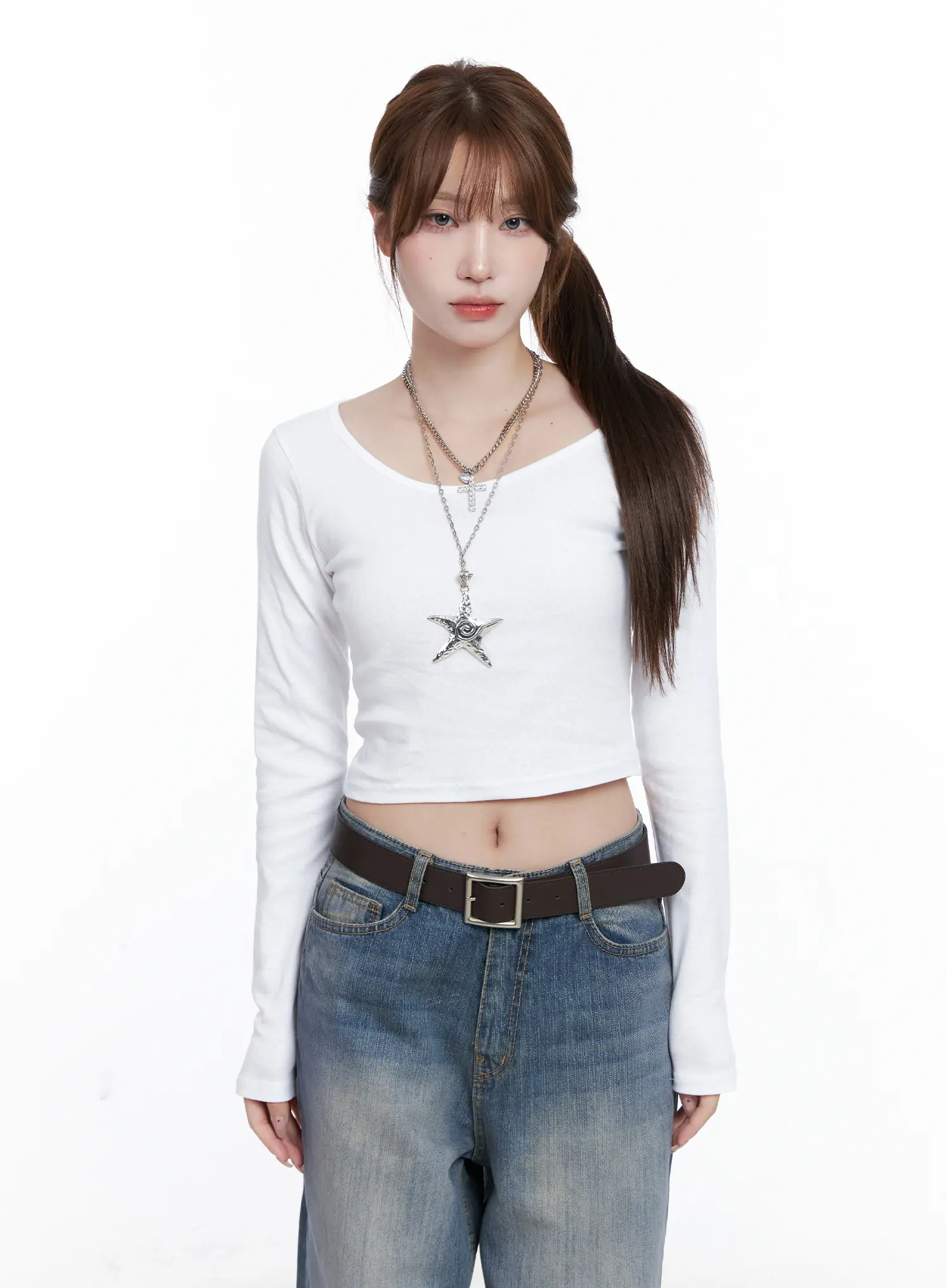 Basic U-Neck Long Sleeve Crop Tee CG529 - Image 8