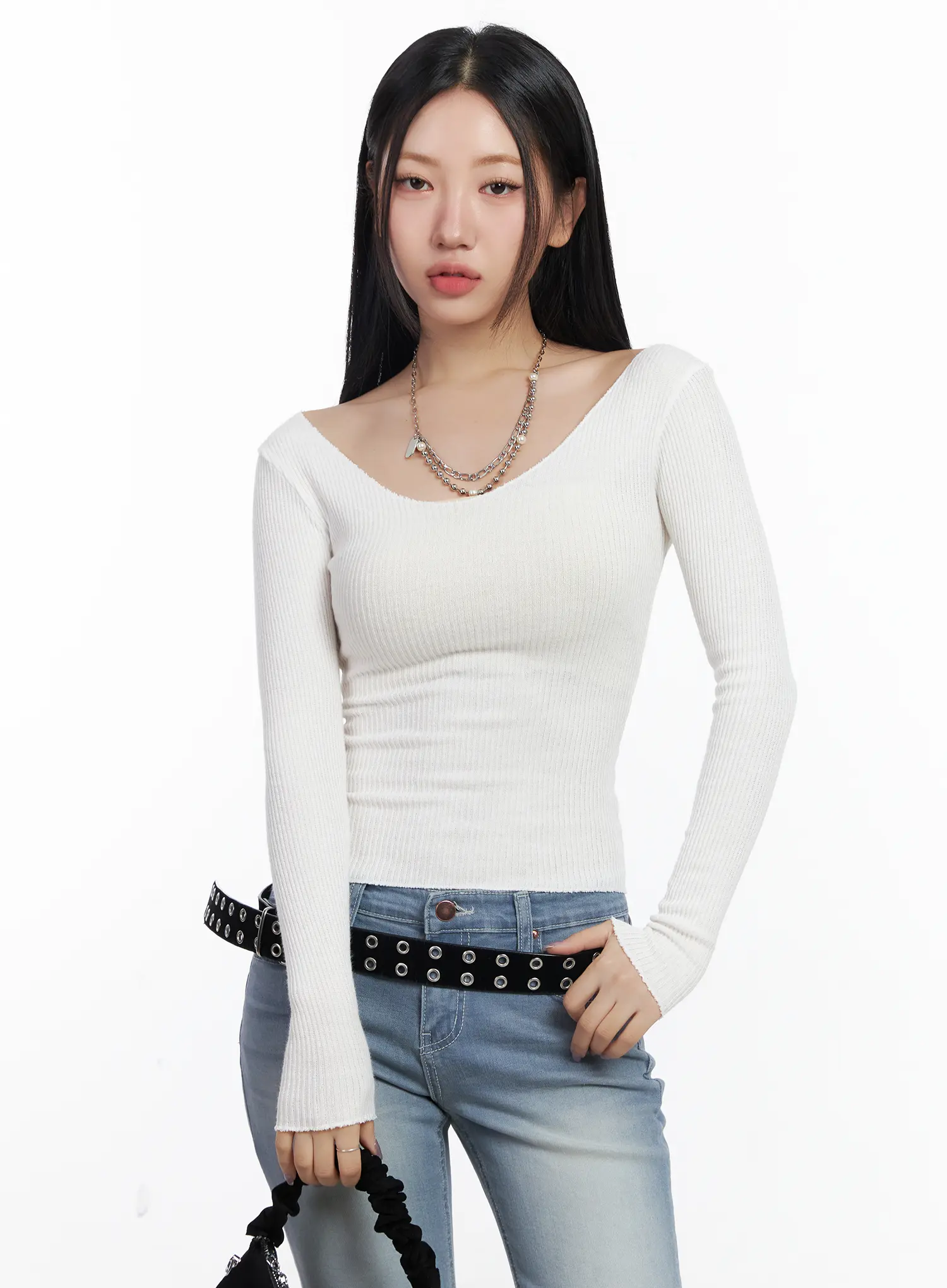 Basic V-Neck Ribbed Long Sleeve Top CF503