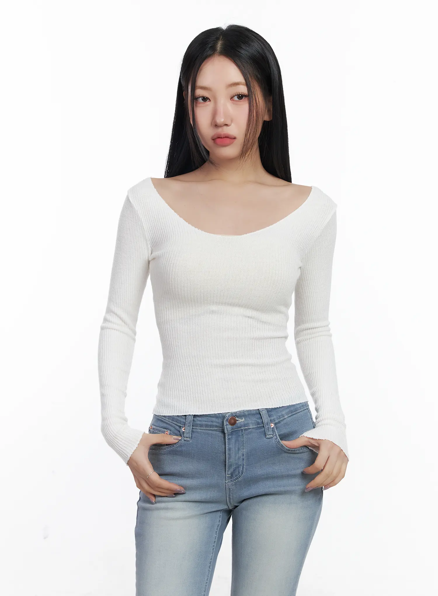 Basic V-Neck Ribbed Long Sleeve Top CF503 - Image 11