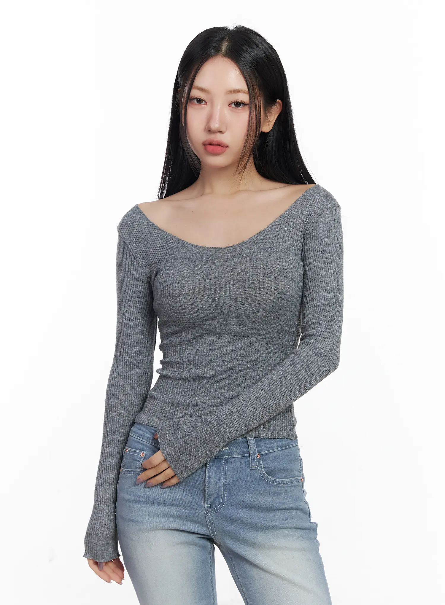 Basic V-Neck Ribbed Long Sleeve Top CF503 - Image 12