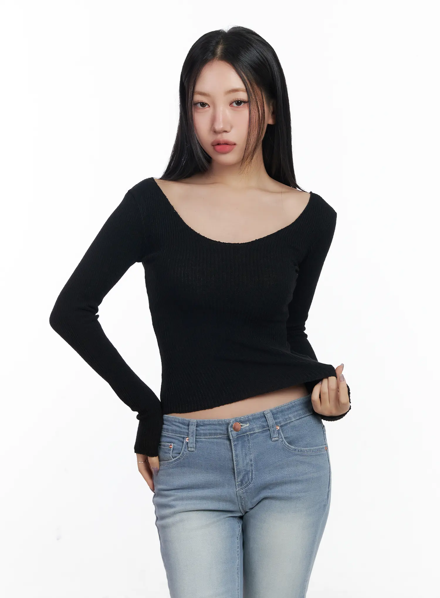 Basic V-Neck Ribbed Long Sleeve Top CF503 - Image 13