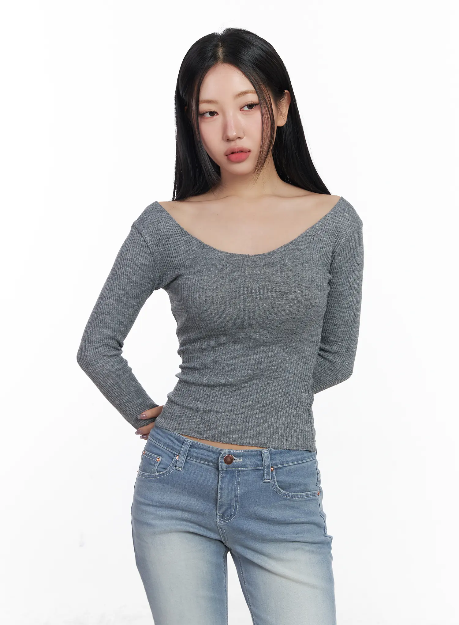 Basic V-Neck Ribbed Long Sleeve Top CF503 - Image 2