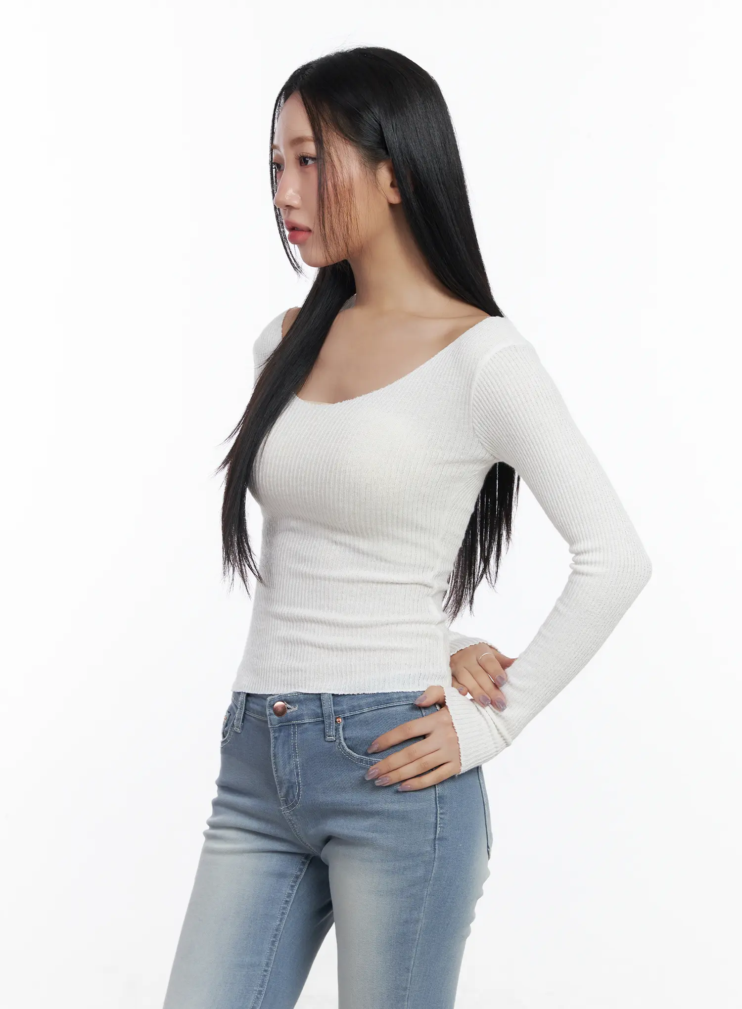Basic V-Neck Ribbed Long Sleeve Top CF503 - Image 6