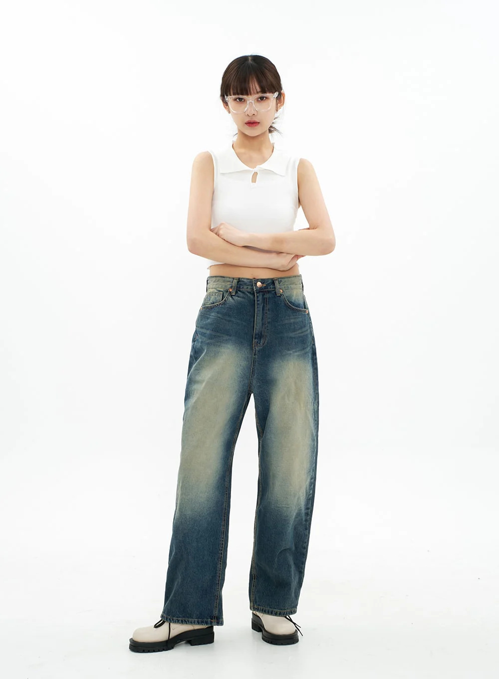 Bleached Wide Leg Denim Pants CA07 - Image 11