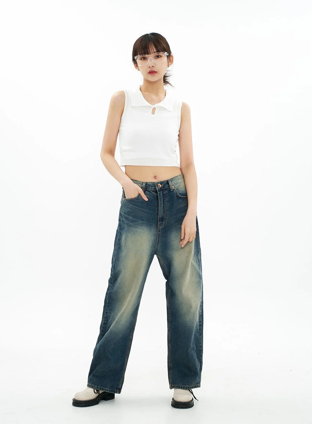 Bleached Wide Leg Denim Pants CA07 - Image 12