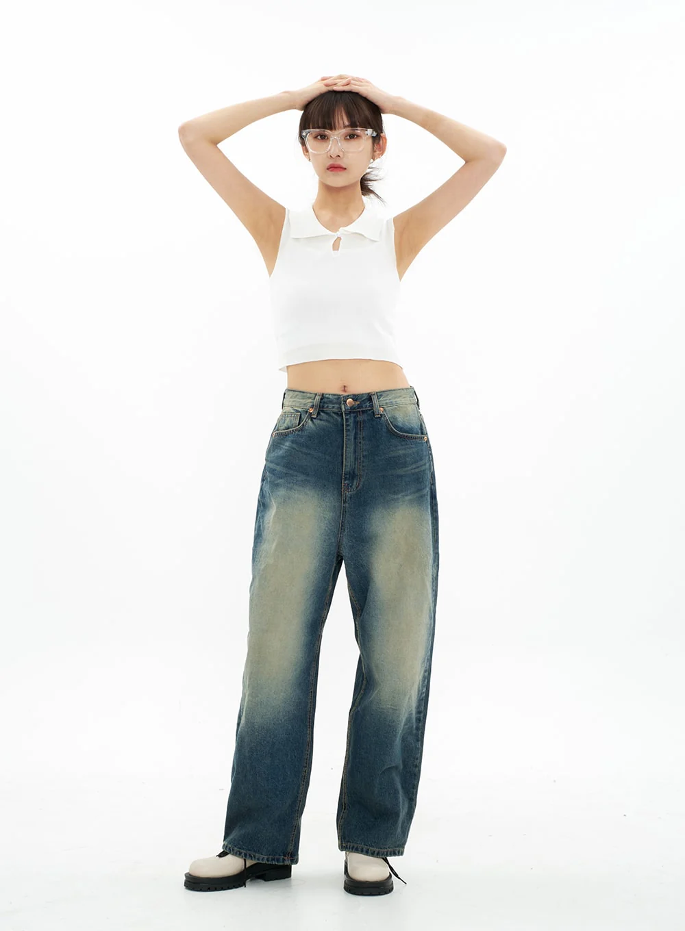 Bleached Wide Leg Denim Pants CA07 - Image 15
