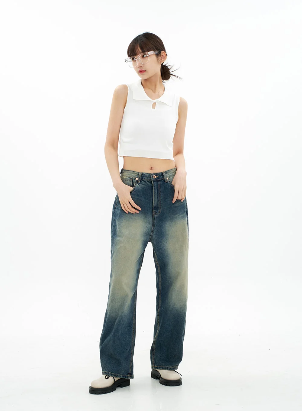 Bleached Wide Leg Denim Pants CA07 - Image 3