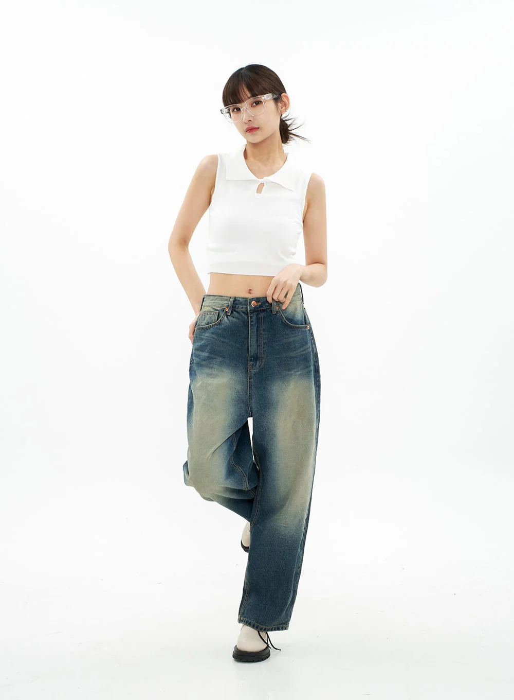 Bleached Wide Leg Denim Pants CA07 - Image 4