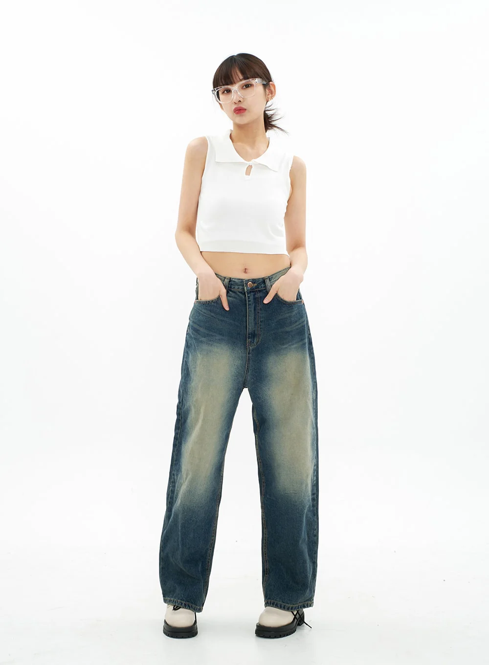 Bleached Wide Leg Denim Pants CA07 - Image 5