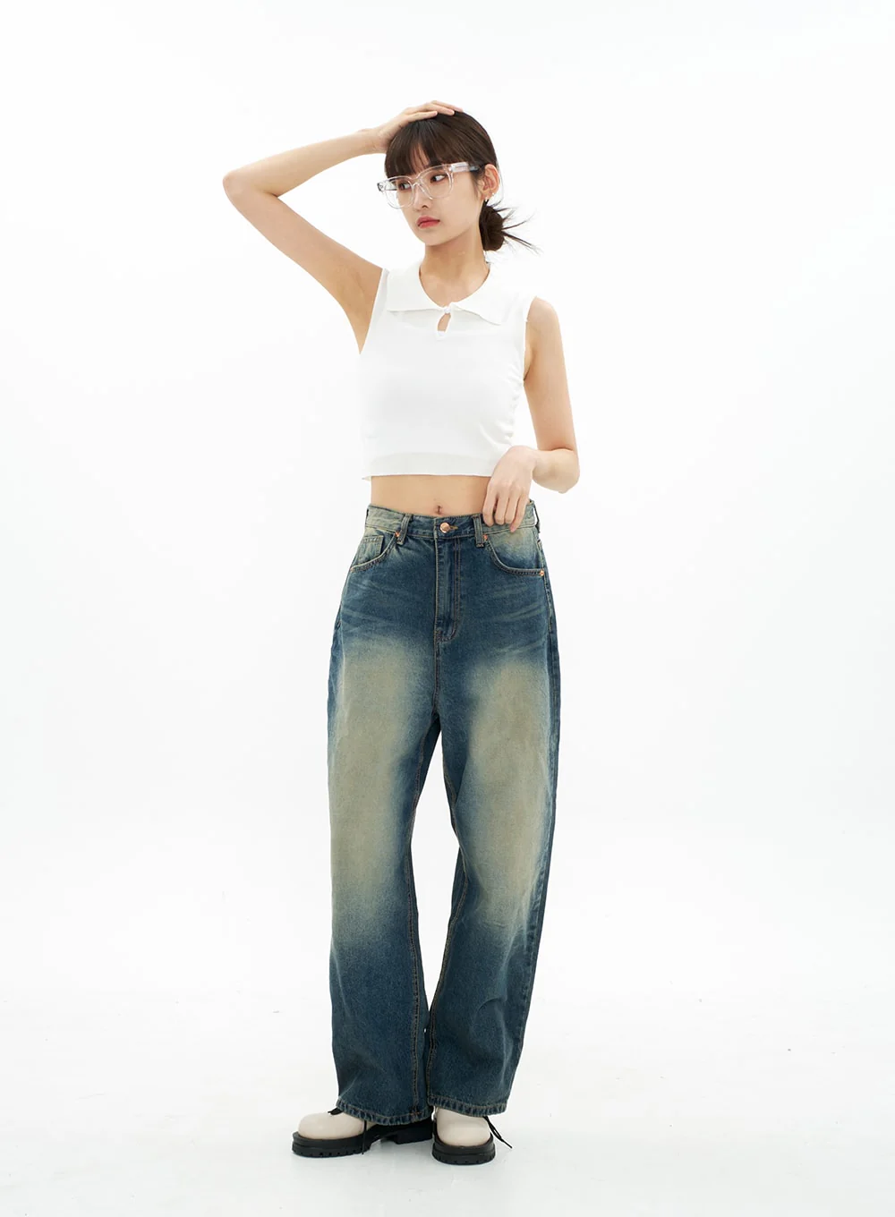Bleached Wide Leg Denim Pants CA07 - Image 8