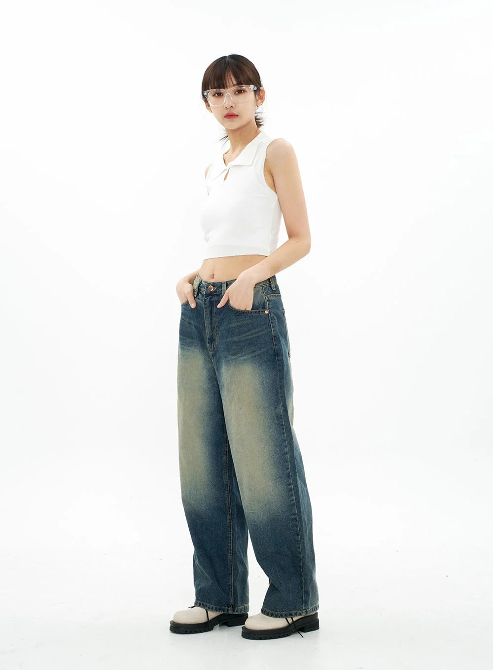 Bleached Wide Leg Denim Pants CA07 - Image 9
