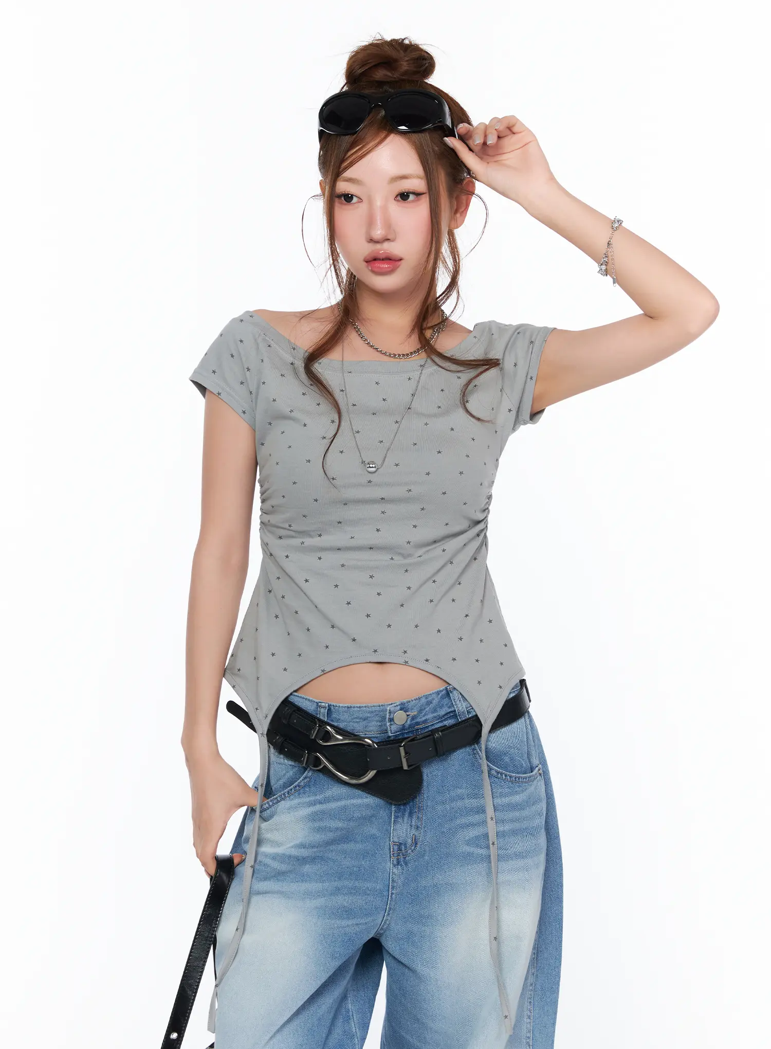 Boat Neck Star Print String Top CA514