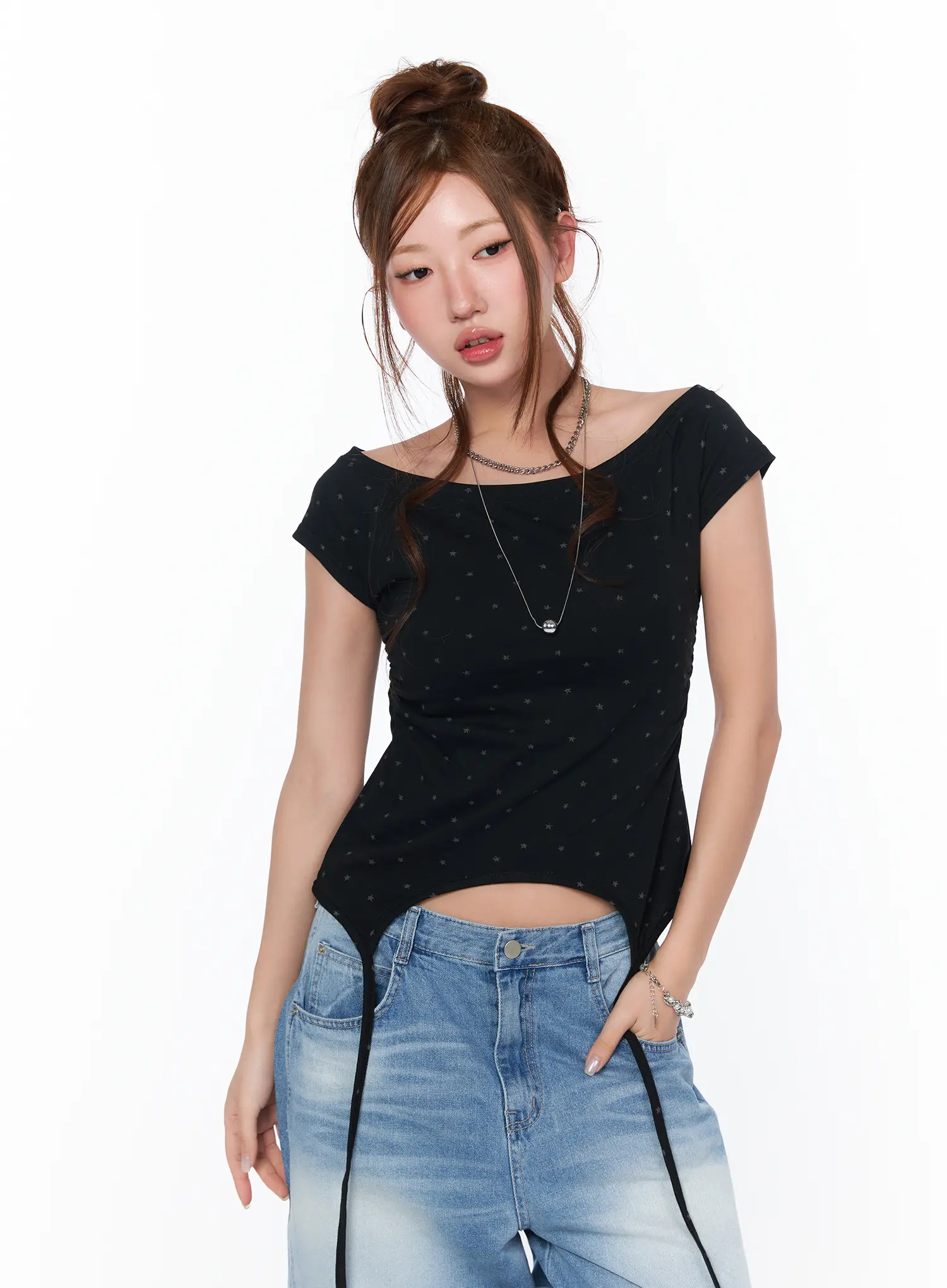 Boat Neck Star Print String Top CA514 - Image 10