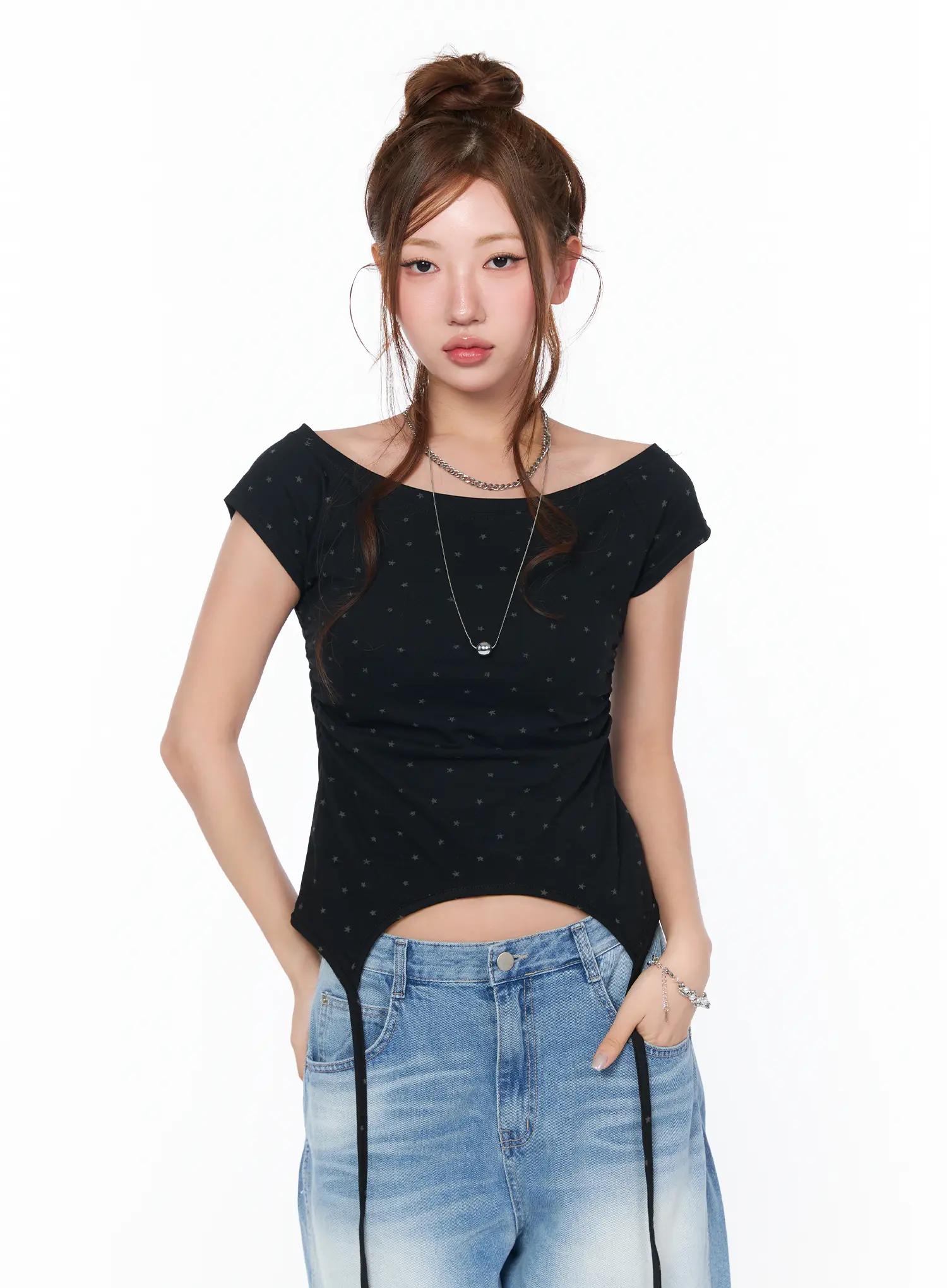 Boat Neck Star Print String Top CA514 - Image 2