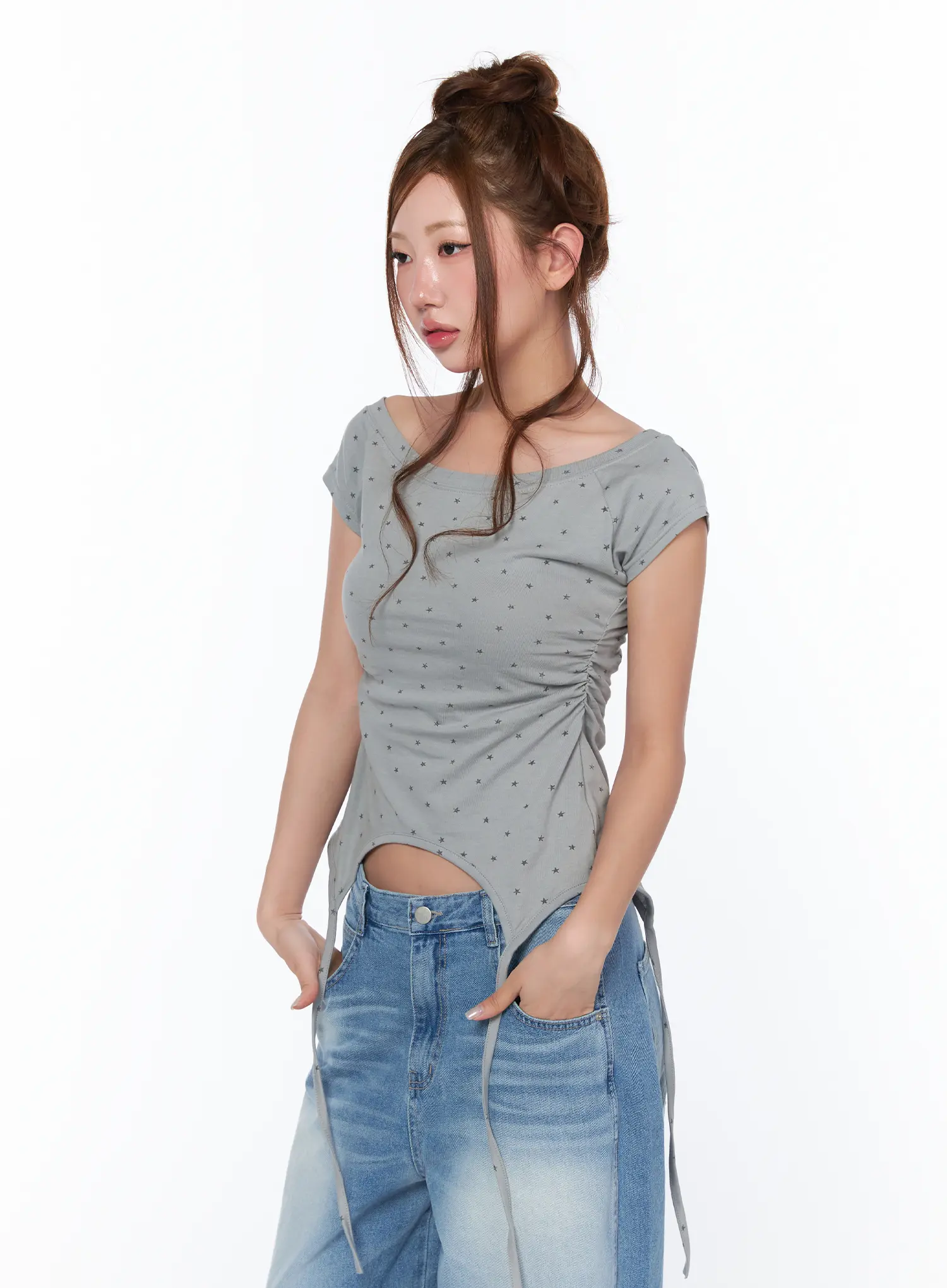 Boat Neck Star Print String Top CA514 - Image 5