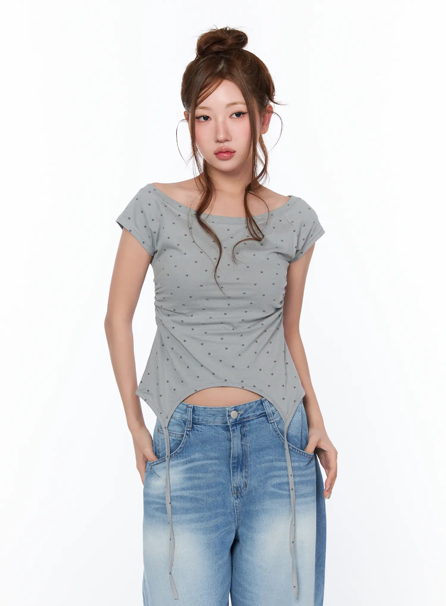 Boat Neck Star Print String Top CA514 - Image 8