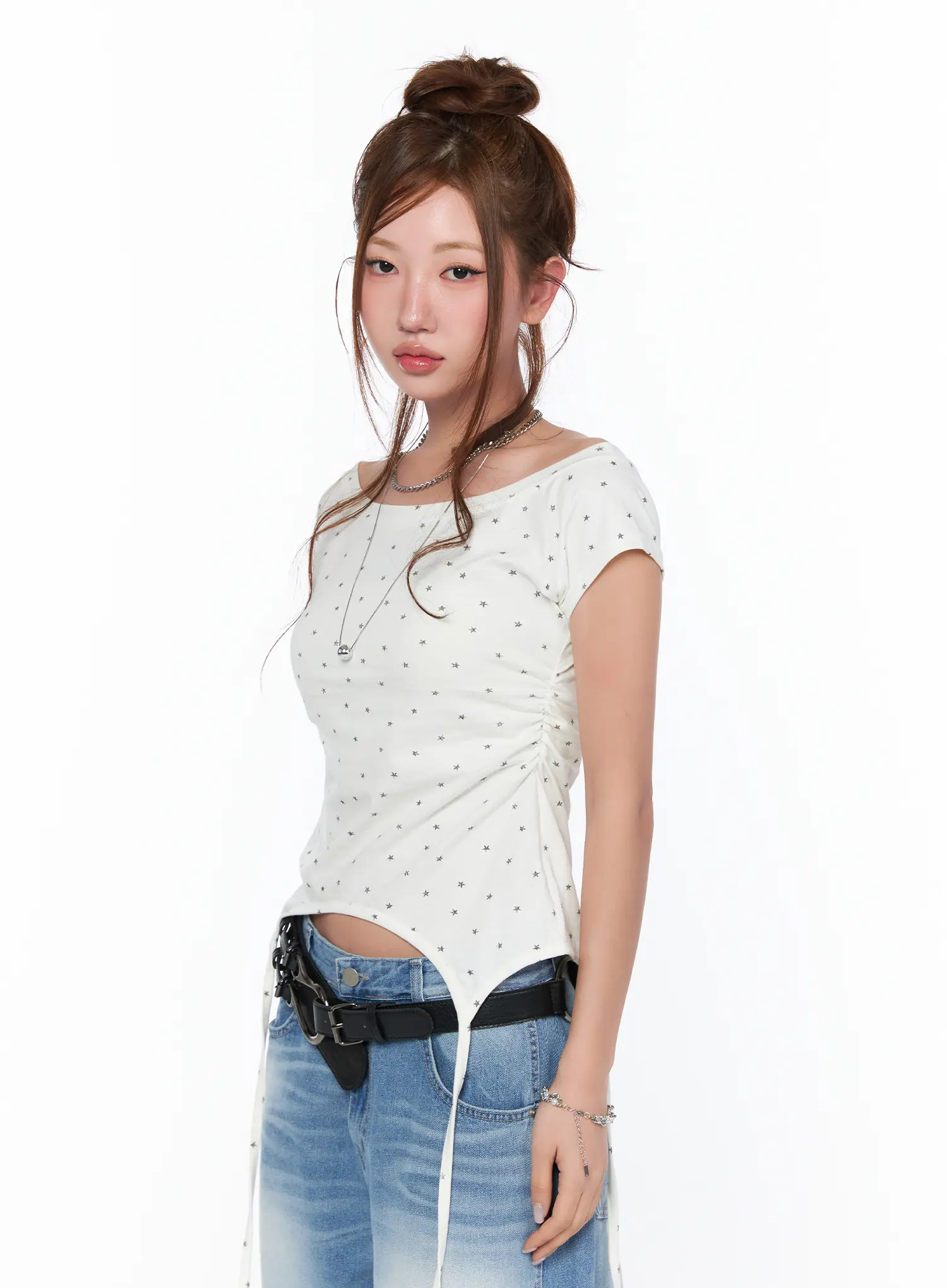 Boat Neck Star Print String Top CA514 - Image 9