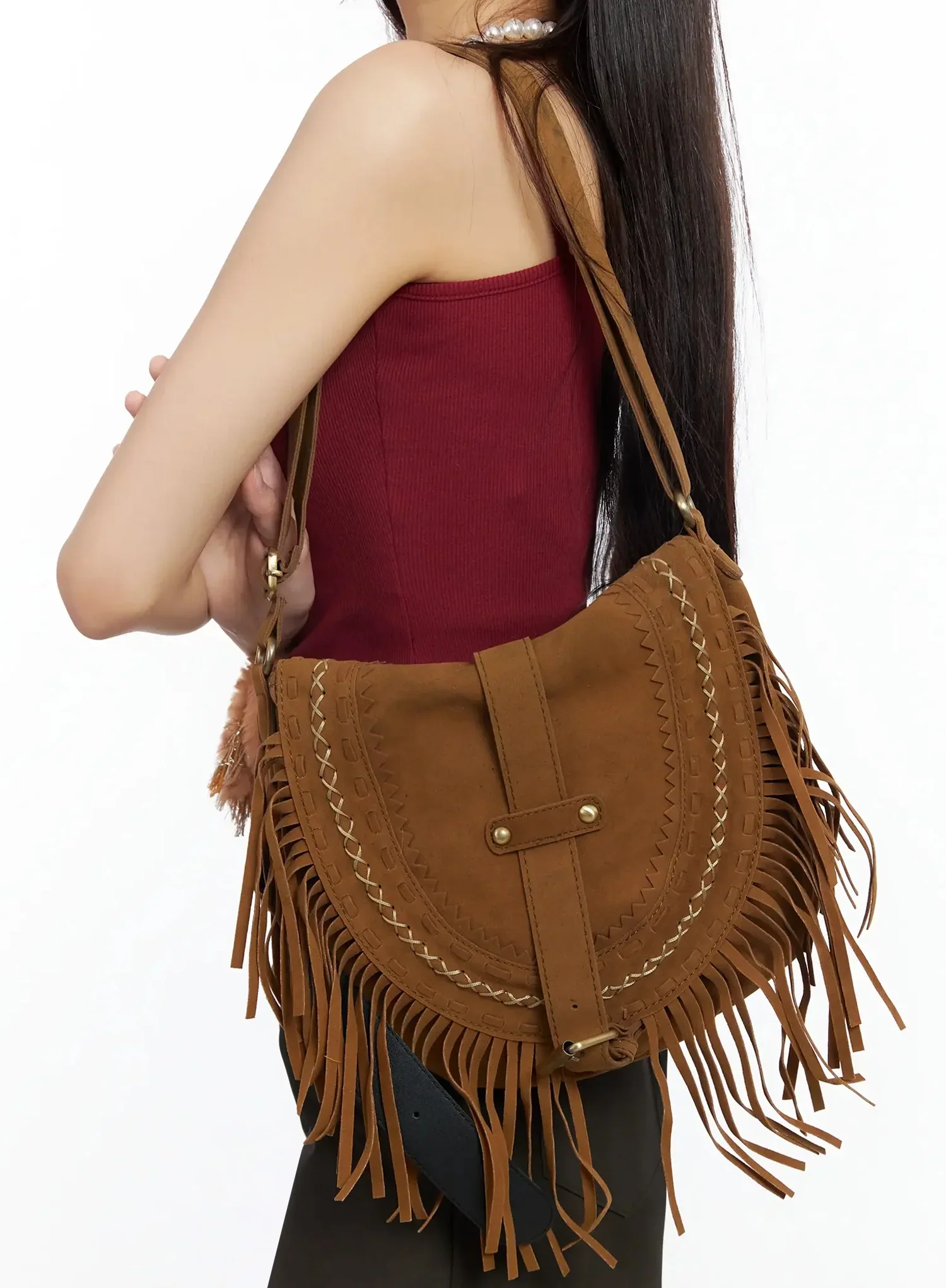 Bohemian Suede Fringe Shoulder Bag IM530 - Image 5