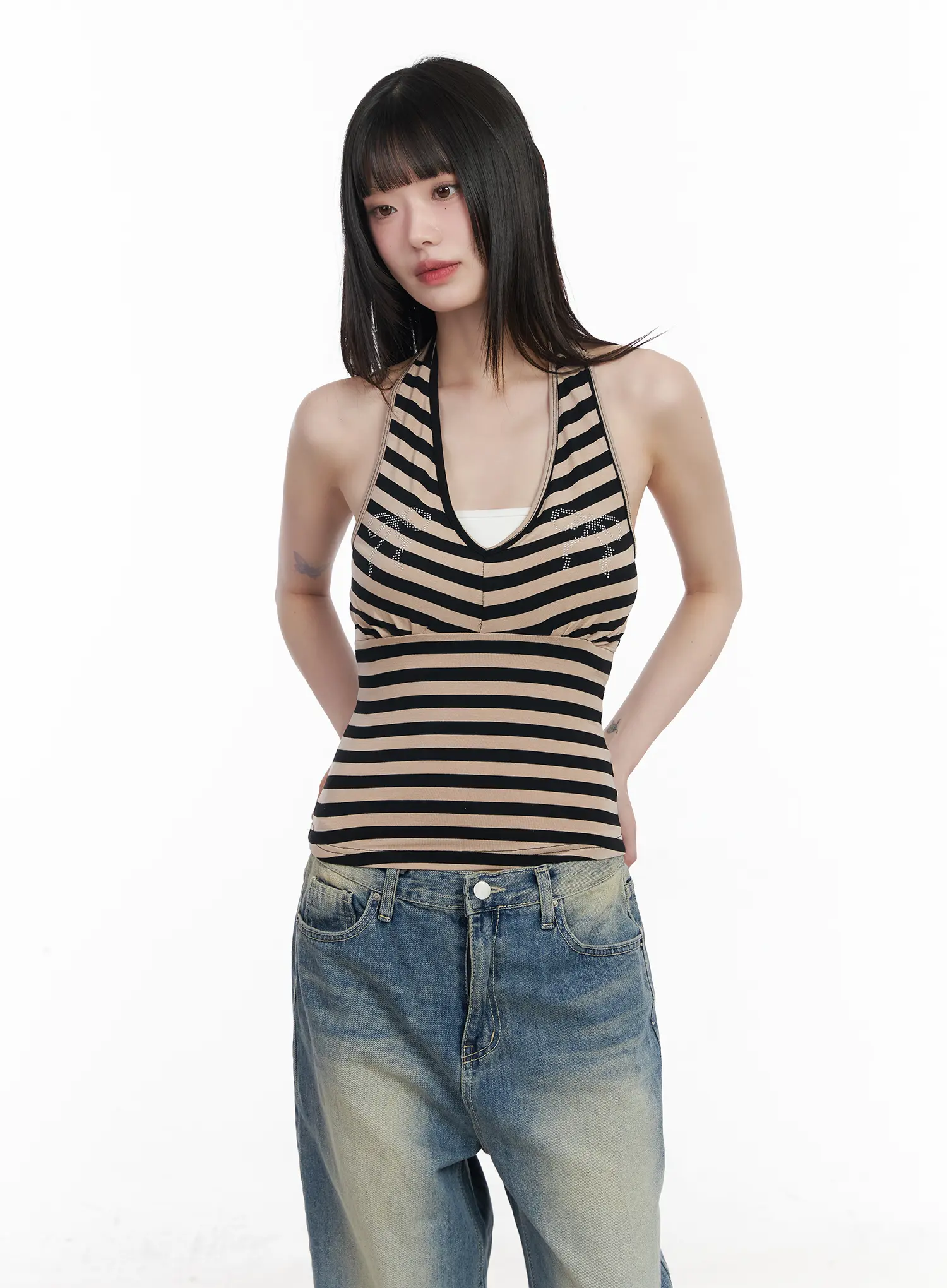 Bow Embellished Stripe Padded Halter Top CM524 - Image 10