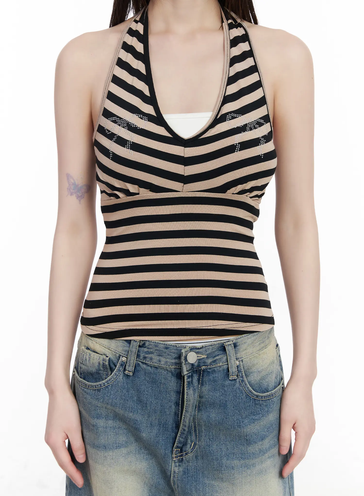 Bow Embellished Stripe Padded Halter Top CM524 - Image 9