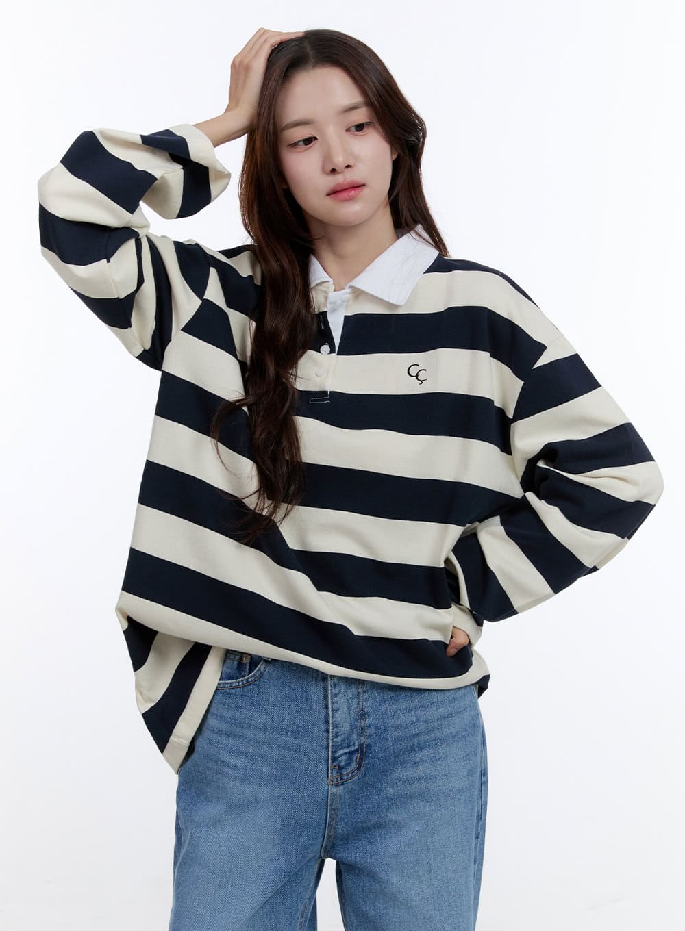 Boxy Collared Buttoned Oversize Tee OO407 - Image 4