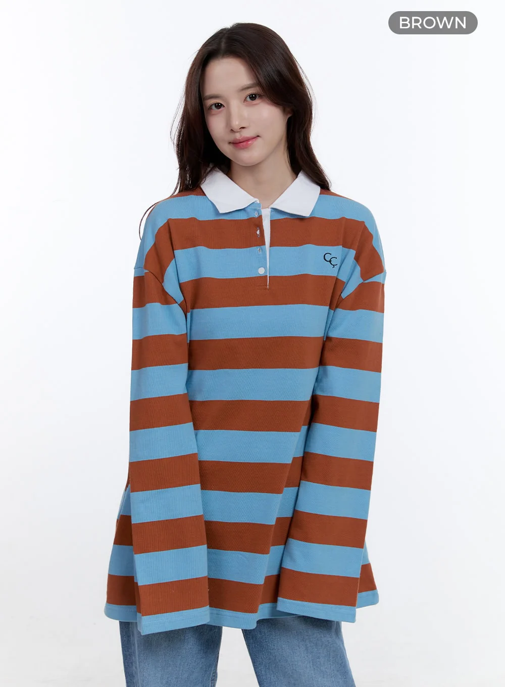 Boxy Collared Buttoned Oversize Tee OO407 - Image 9