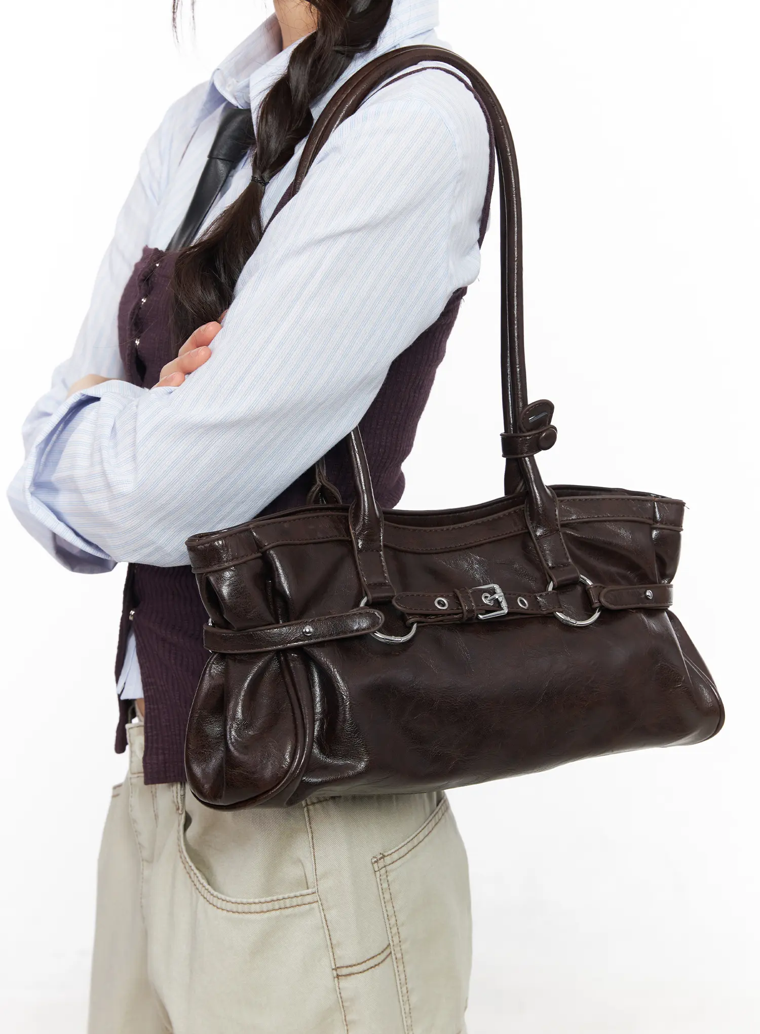 Buckle Accent Faux Leather Shoulder Bag CM526
