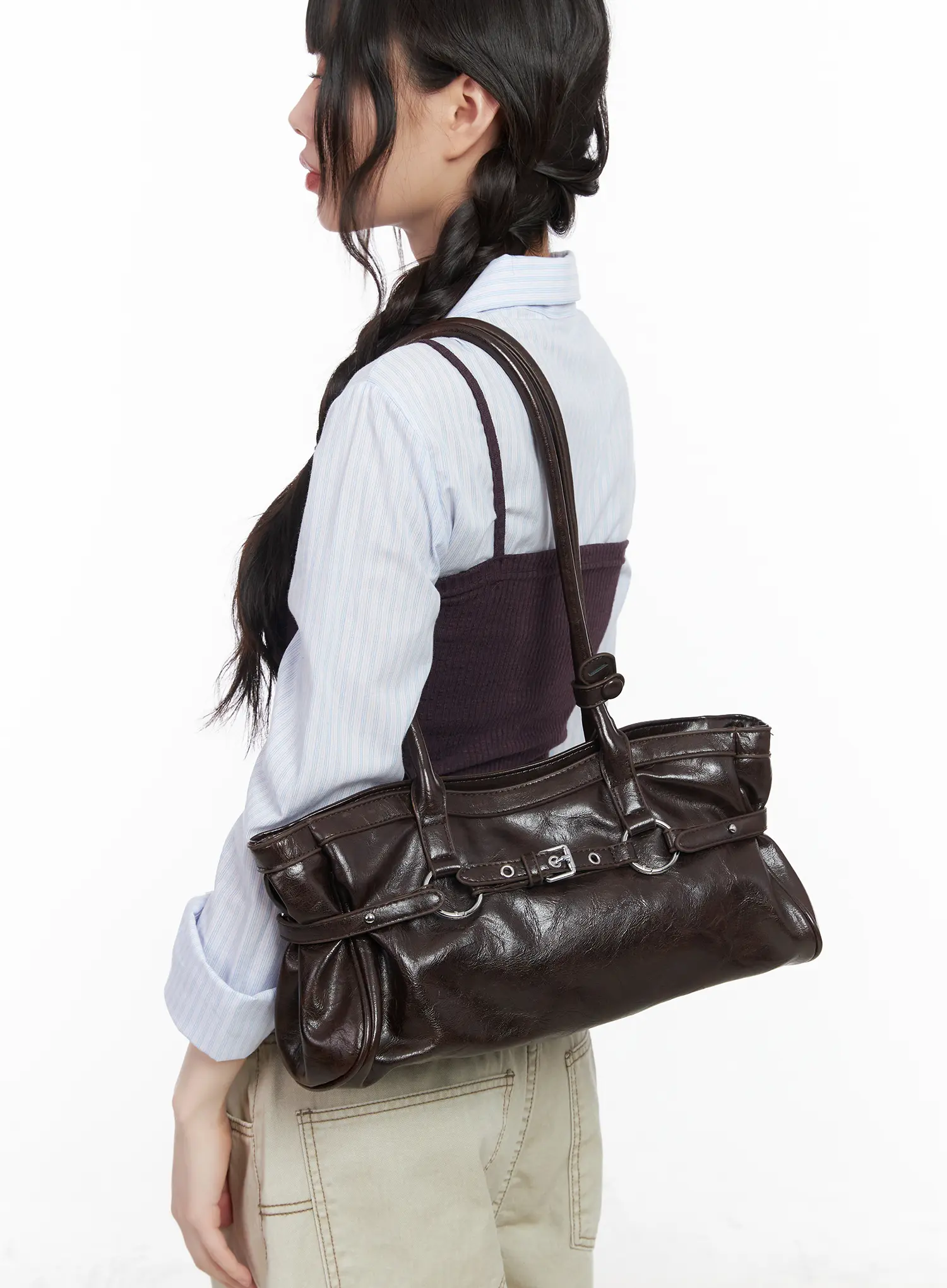 Buckle Accent Faux Leather Shoulder Bag CM526 - Image 3