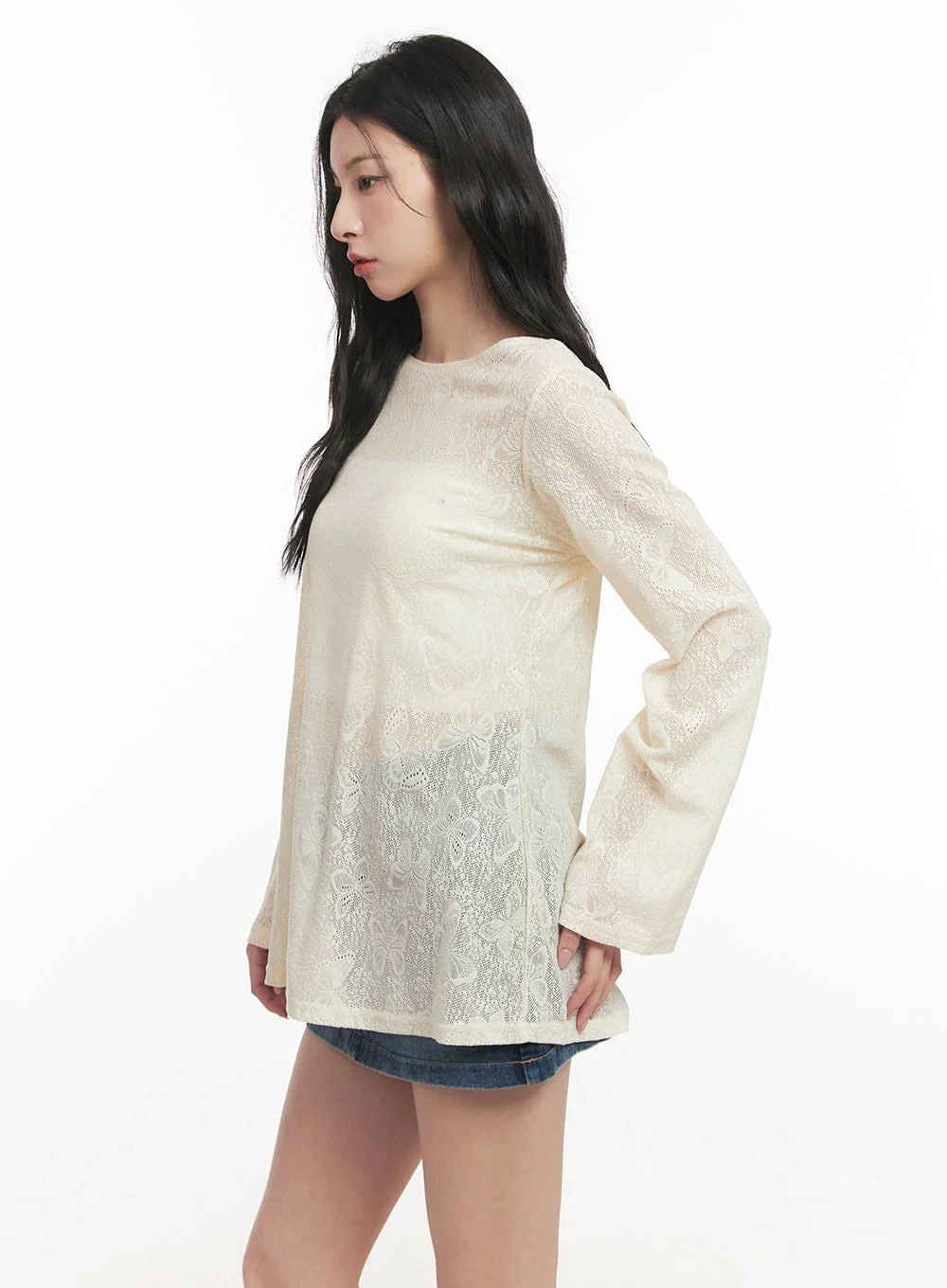 Butterfly Lace Sheer Long-Sleeve Top CF513 - Image 5