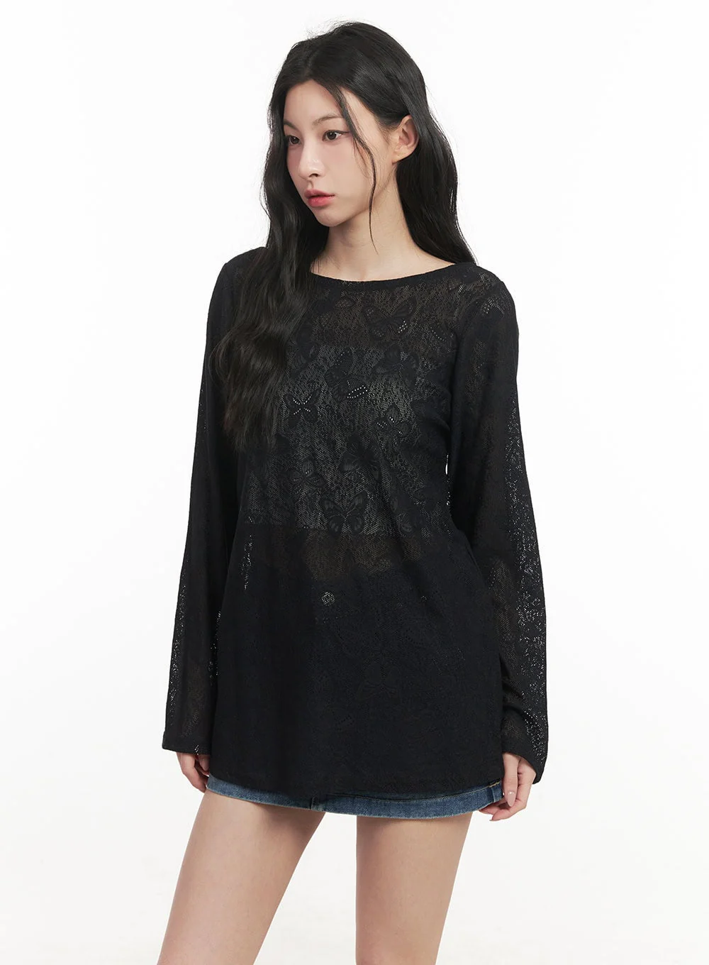 Butterfly Lace Sheer Long-Sleeve Top CF513 - Image 9