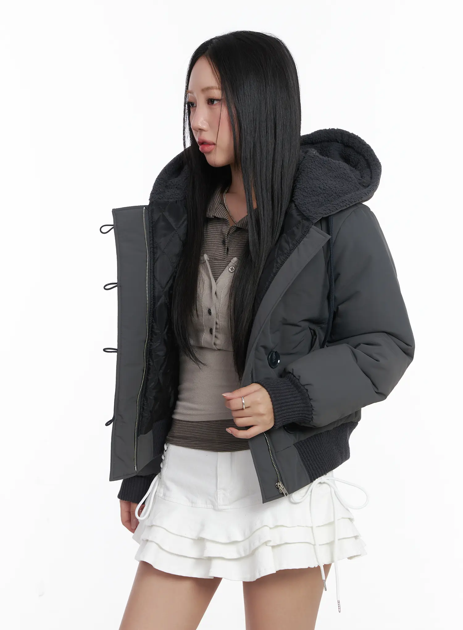 Button Faux Fur Crop Puffer Jacket CD529 - Image 9