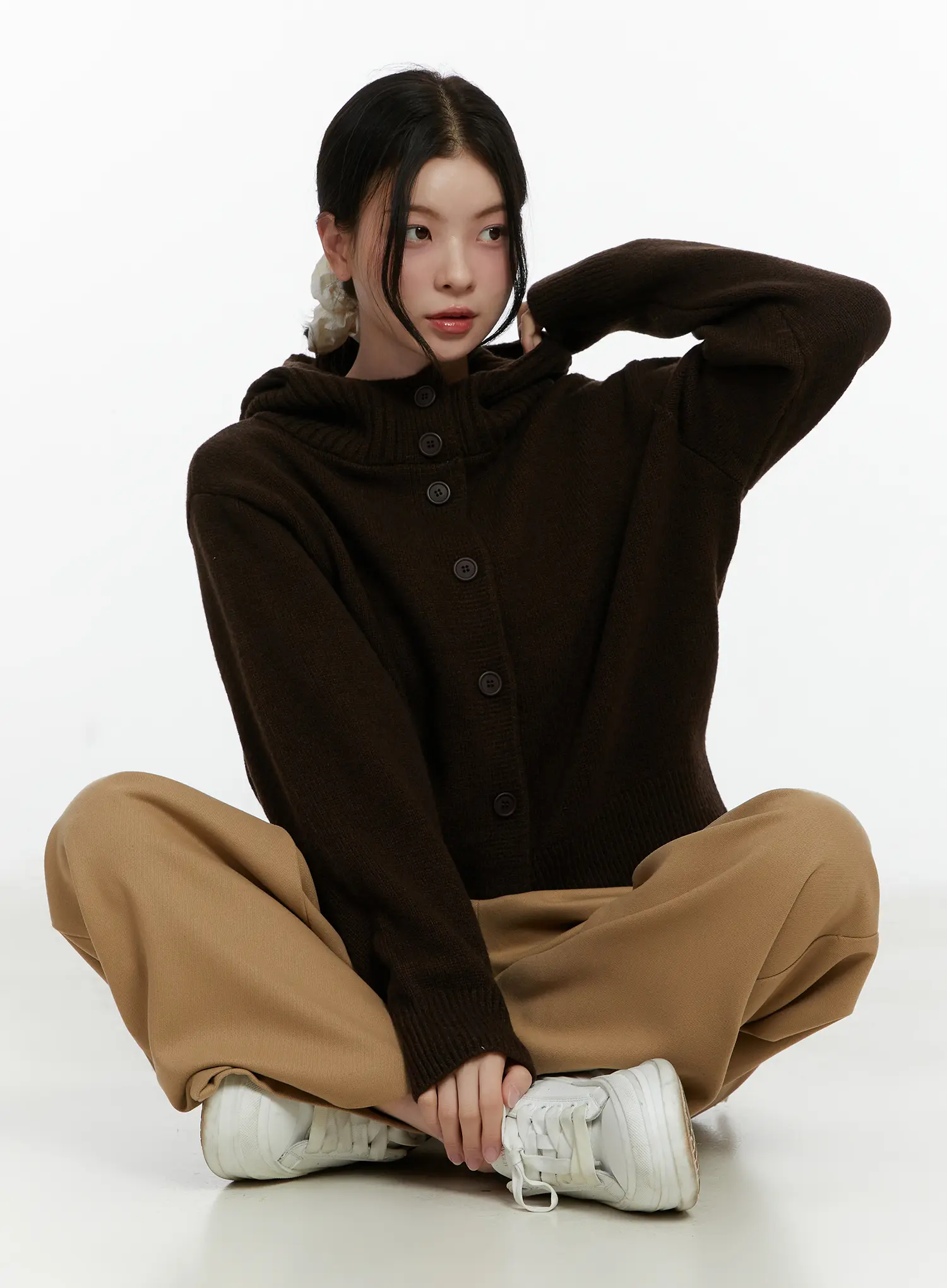 Button Hooded Knit Cardigan F502