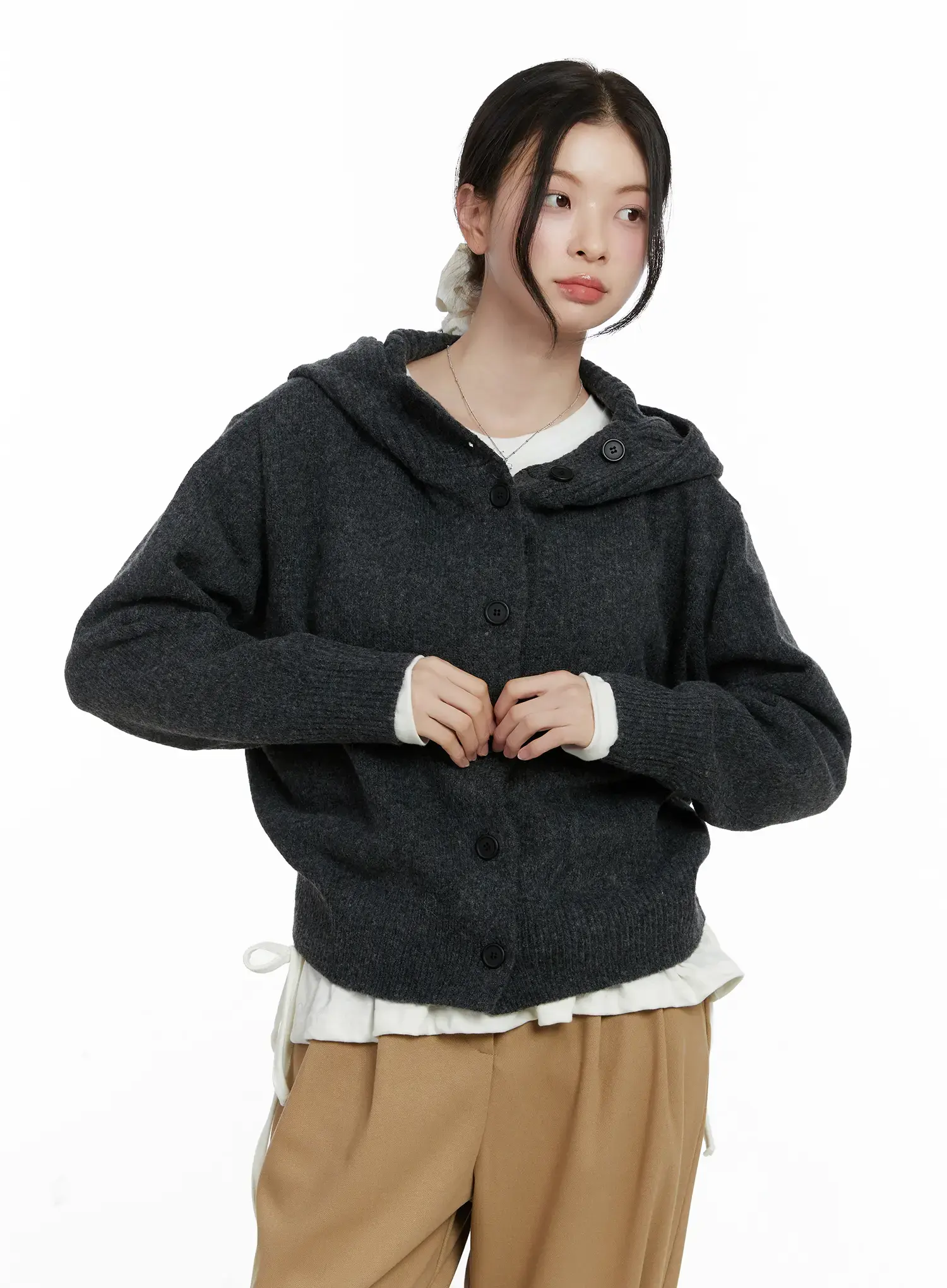 Button Hooded Knit Cardigan F502 - Image 11
