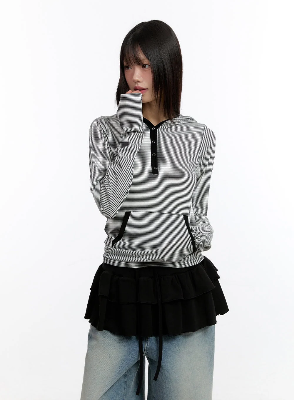 Button Stripe Hoodie Top CA508 - Image 10