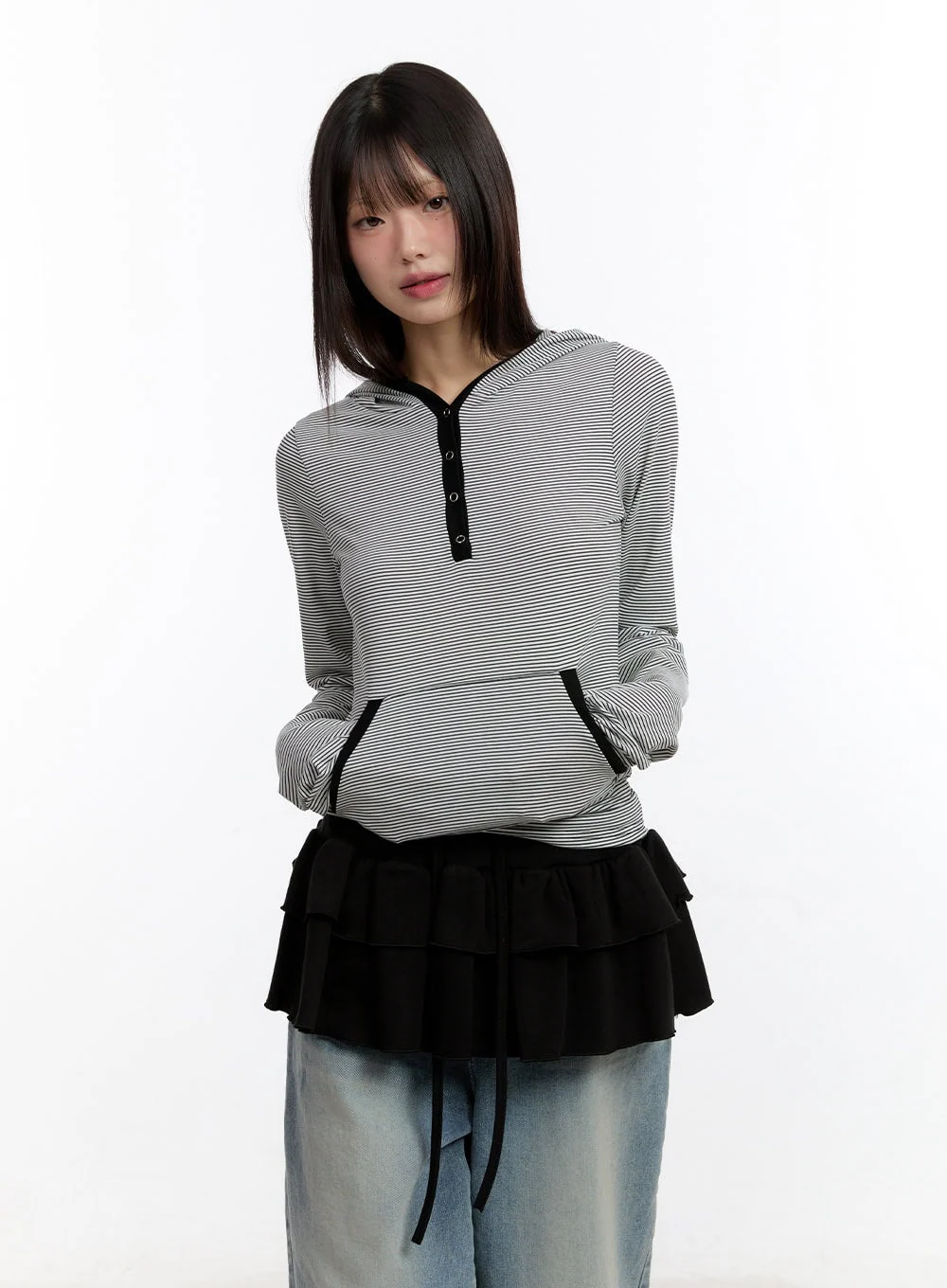 Button Stripe Hoodie Top CA508 - Image 2