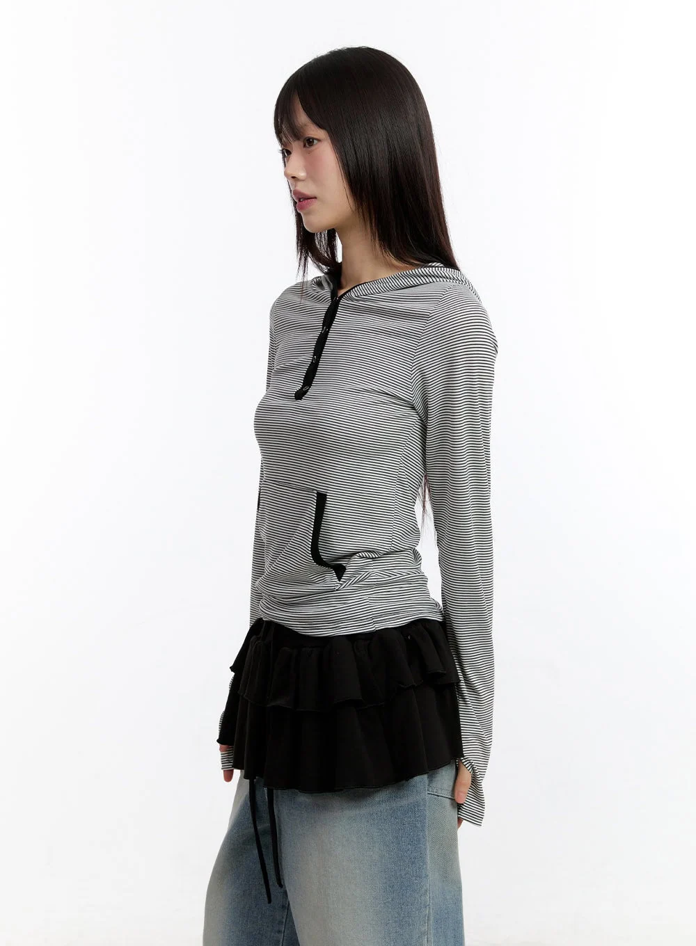 Button Stripe Hoodie Top CA508 - Image 3