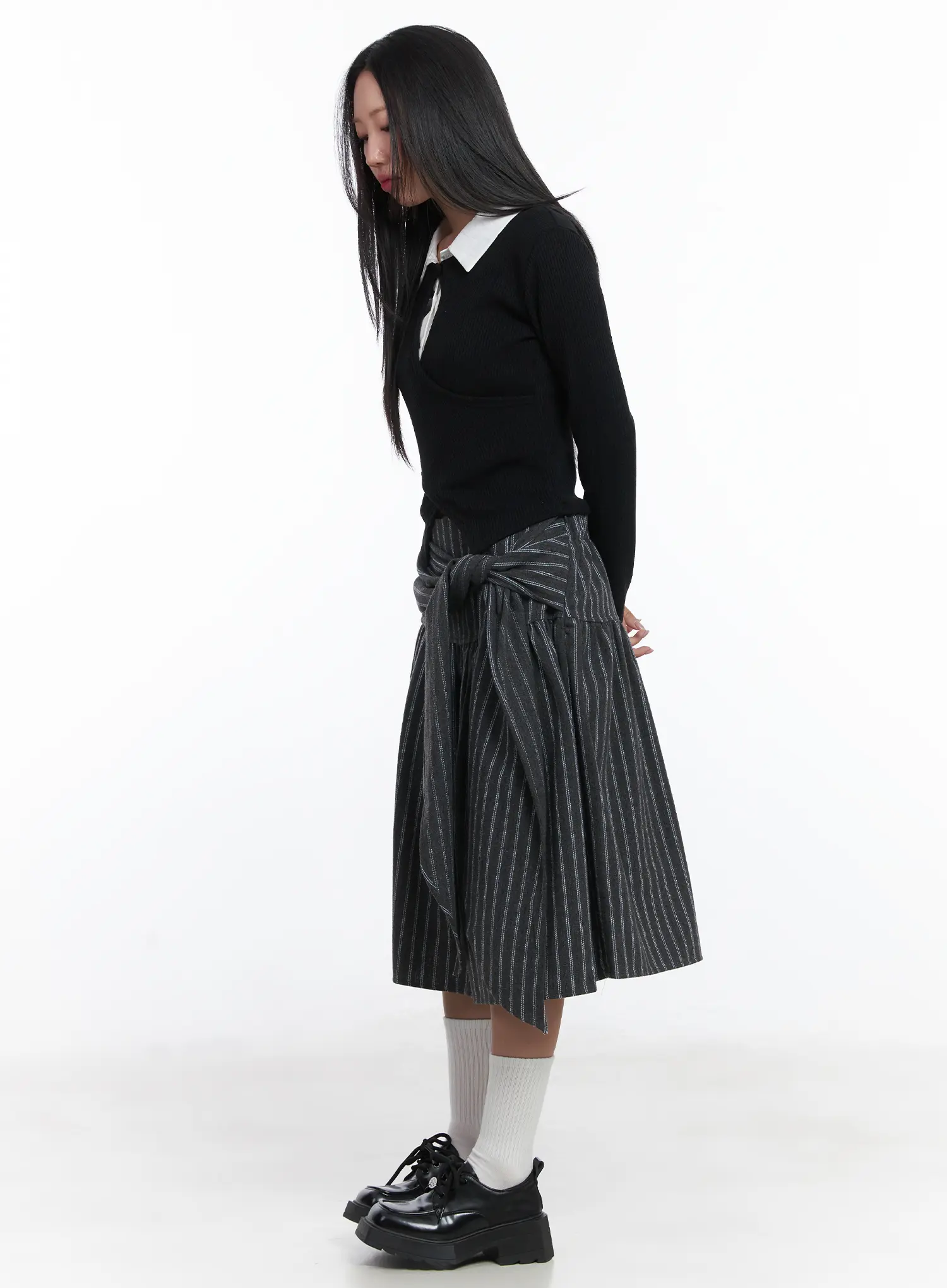 Button Wrap Collar Ribbed Long Sleeve Top CD529 - Image 3