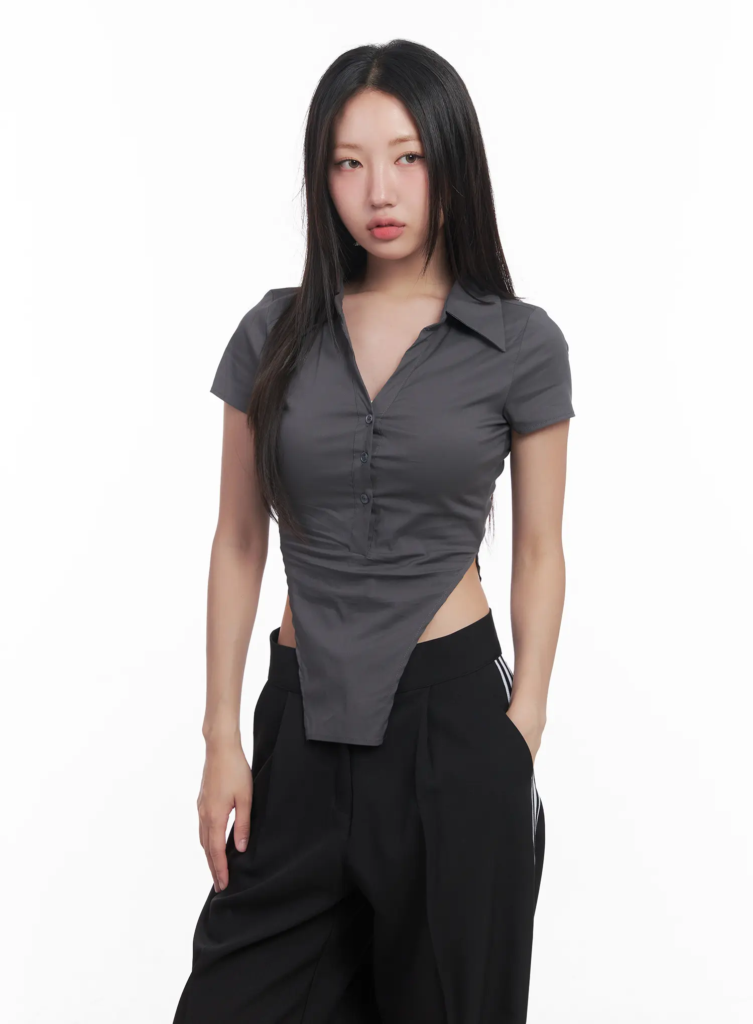 Buttoned Collar Short-Sleeve Shirt CU517 - Image 11